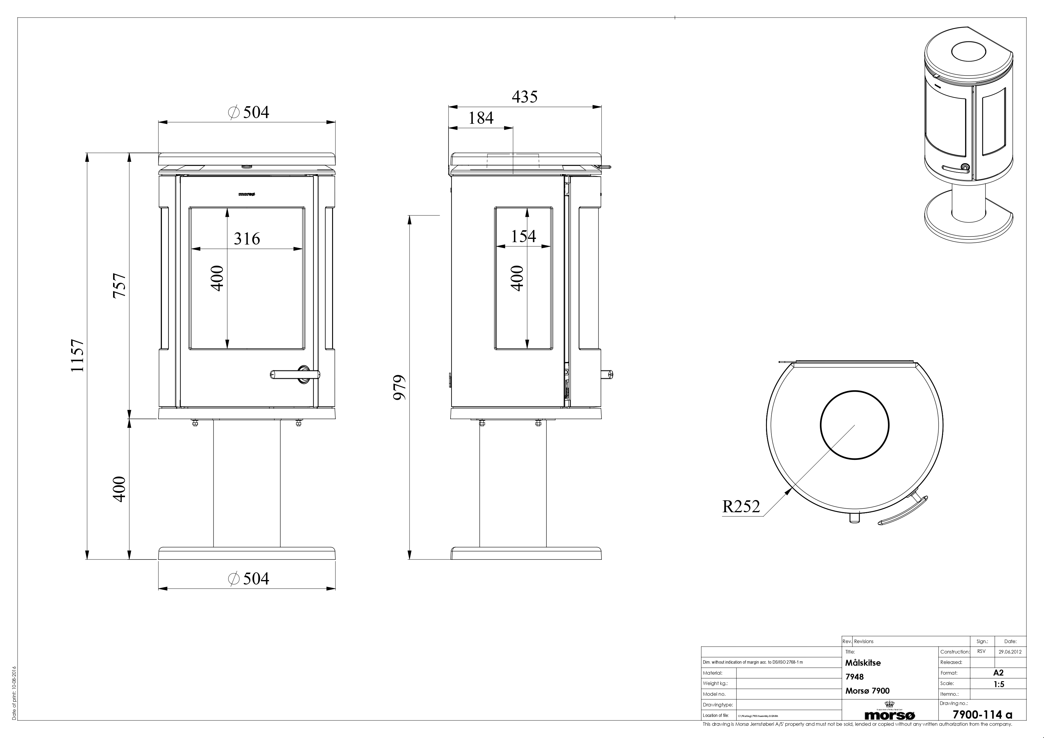 Morso 7948 Three-Sided Cast Iron Stove on Pedestal. Technical drawing
