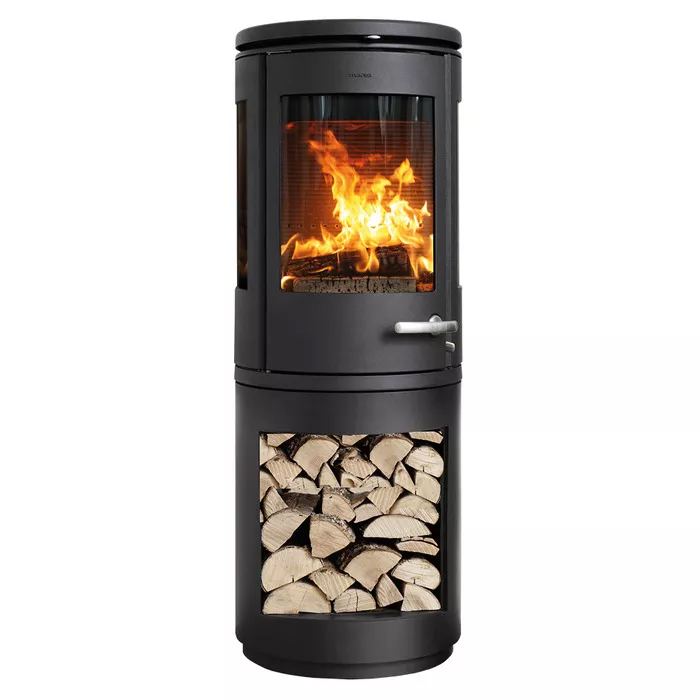 Cast Iron Three Sided Stove Morso 7993 with high wood storage box