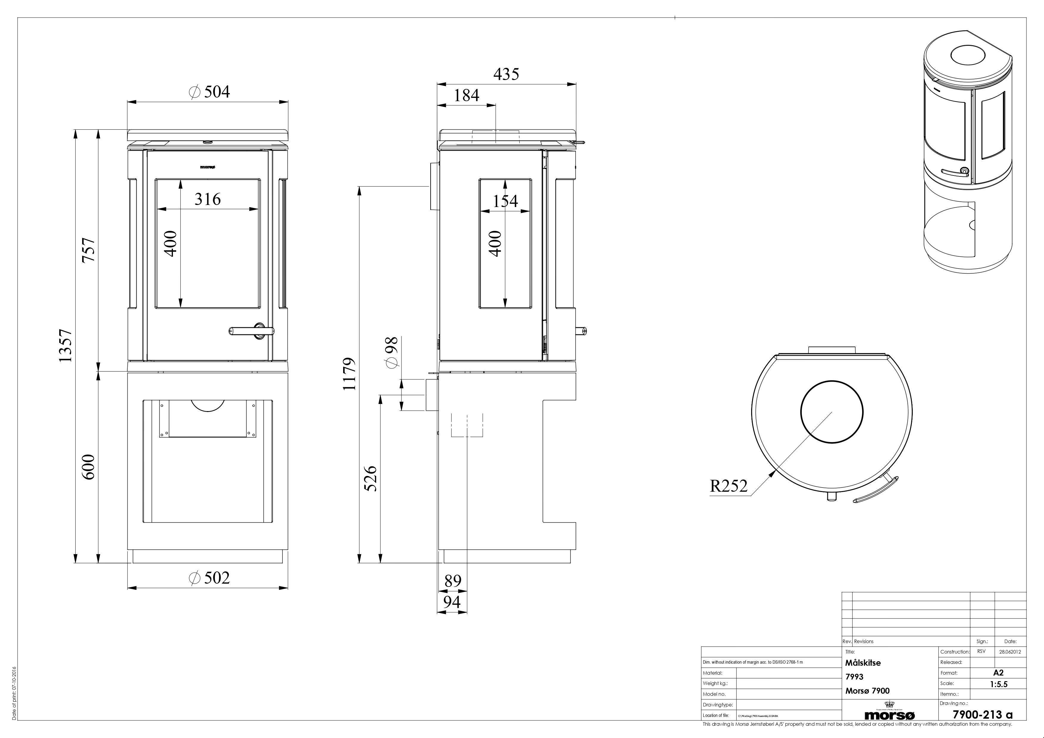 Morso 7993 Three-Sided Cast Iron Stove with High Log Store. Technical drawing