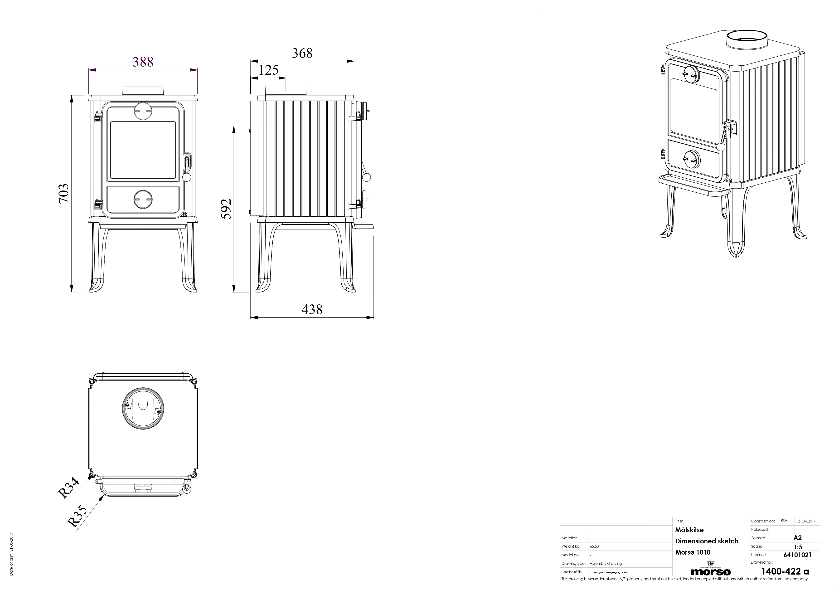 Morso 1010 Cast Iron Stove on Legs. Technical drawing