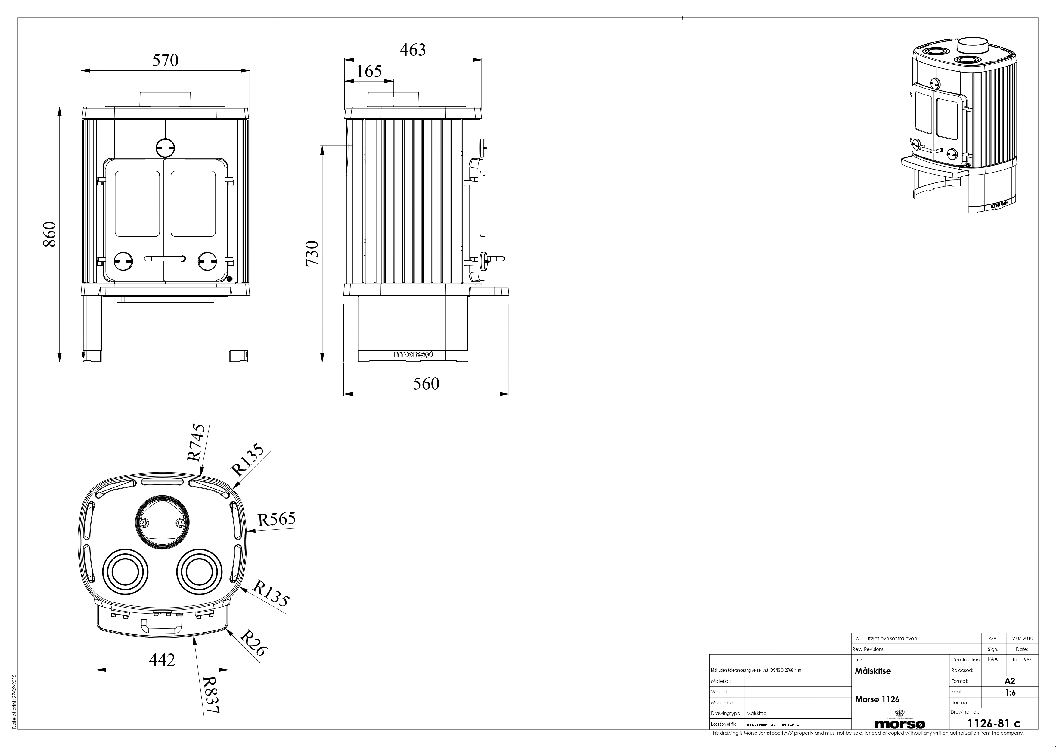 Morso 1126 Cast Iron Stove on Wide Legs with Cooking Plate. Technical drawing