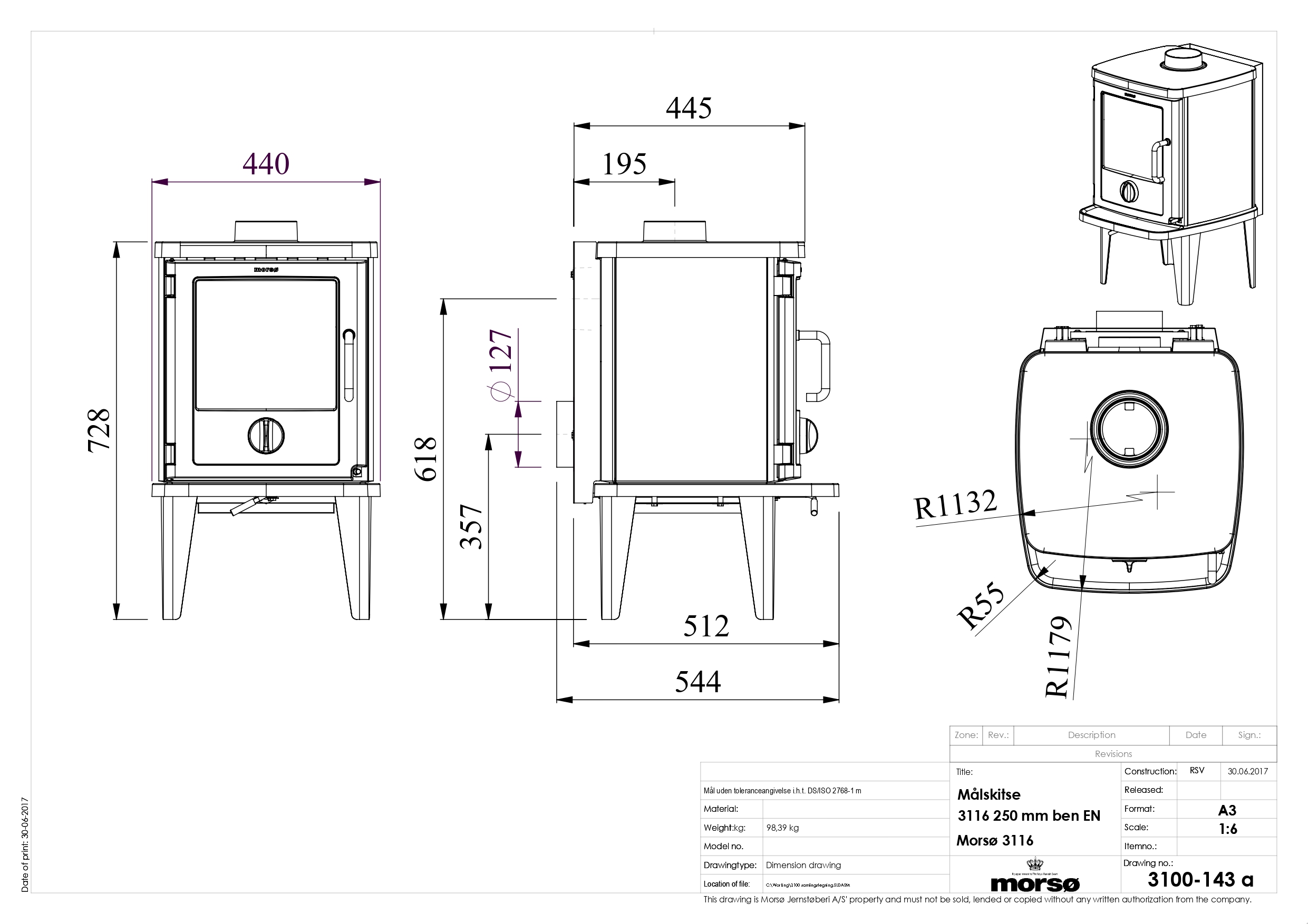 Morso 3116 Cast Iron Stove on Legs. Technical drawing