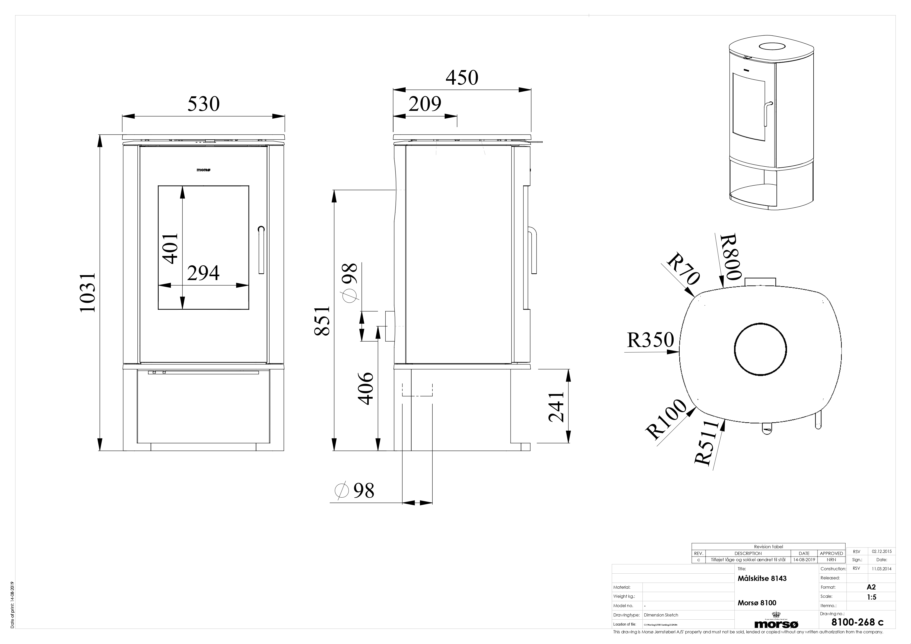 Morso 8143 Cast Iron Stove with Log Store. Technical drawing