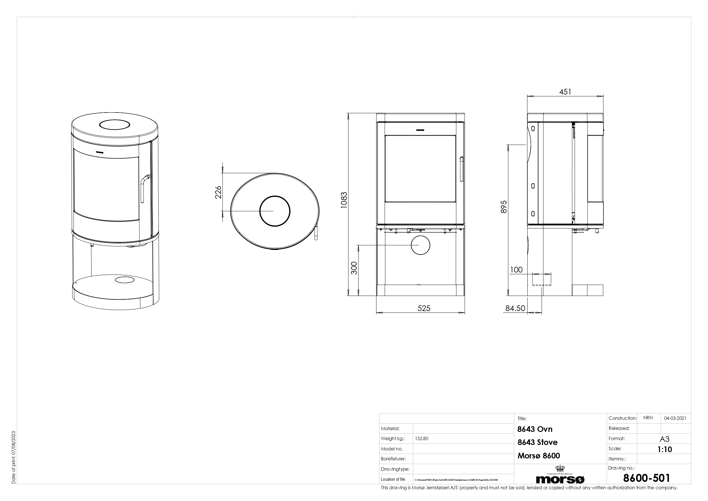Morso 8643 Cast Iron Stove with Log Store. Technical drawing
