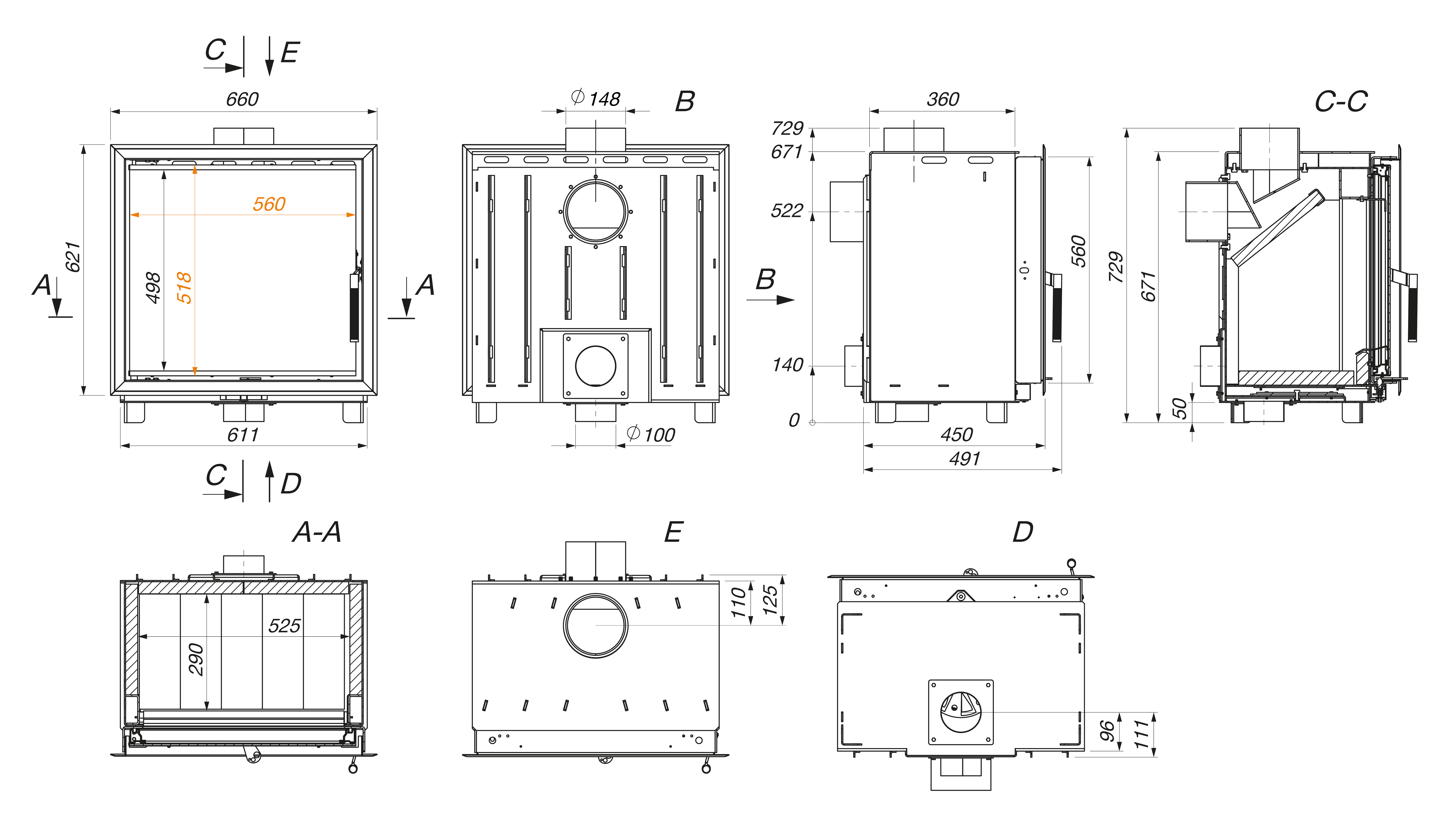 Fireplace cassette insert SAVEN Into 60x62 ECO. Technical drawing