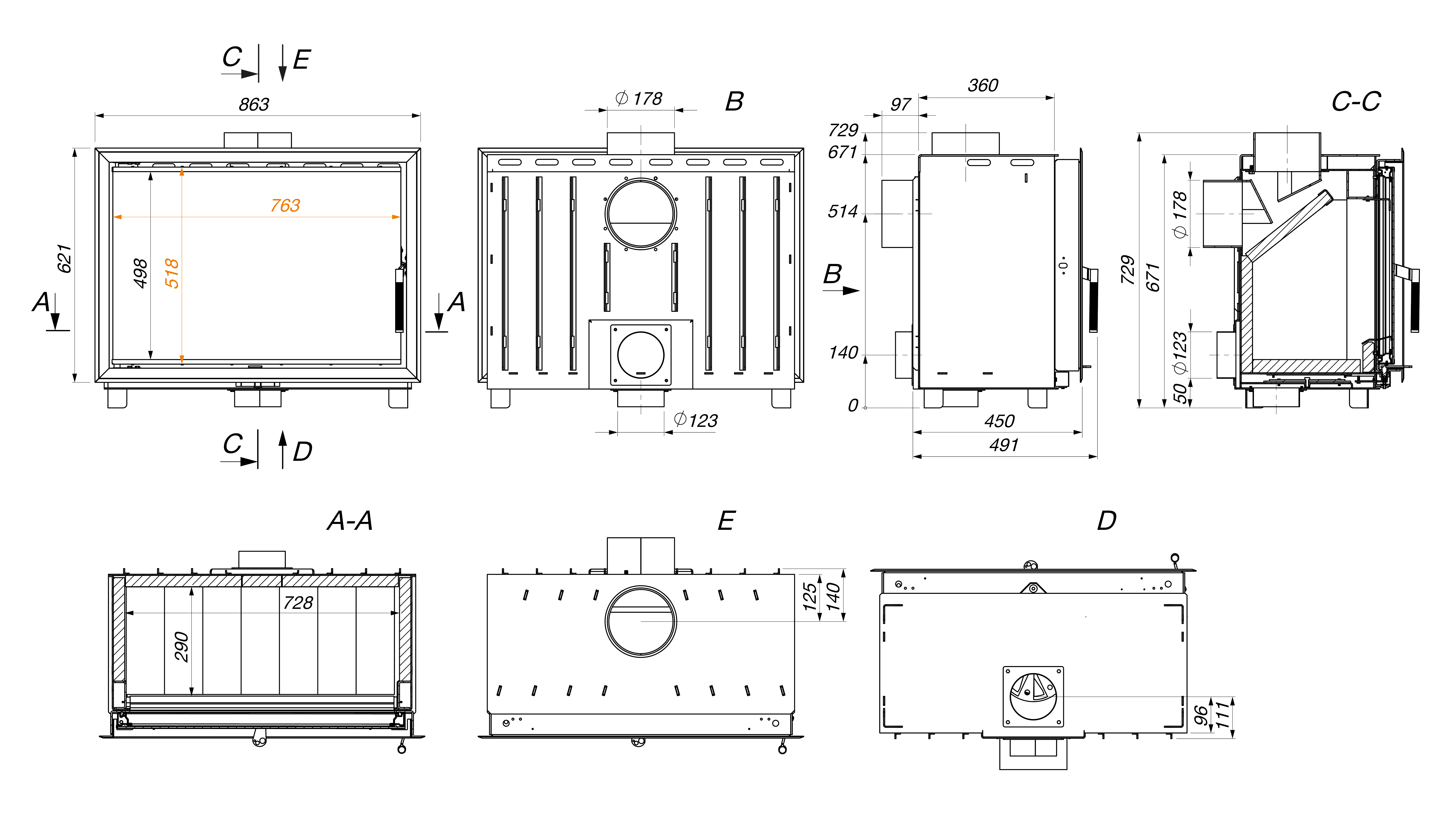 Fireplace cassette insert SAVEN Into 80x62 ECO. Technical drawing