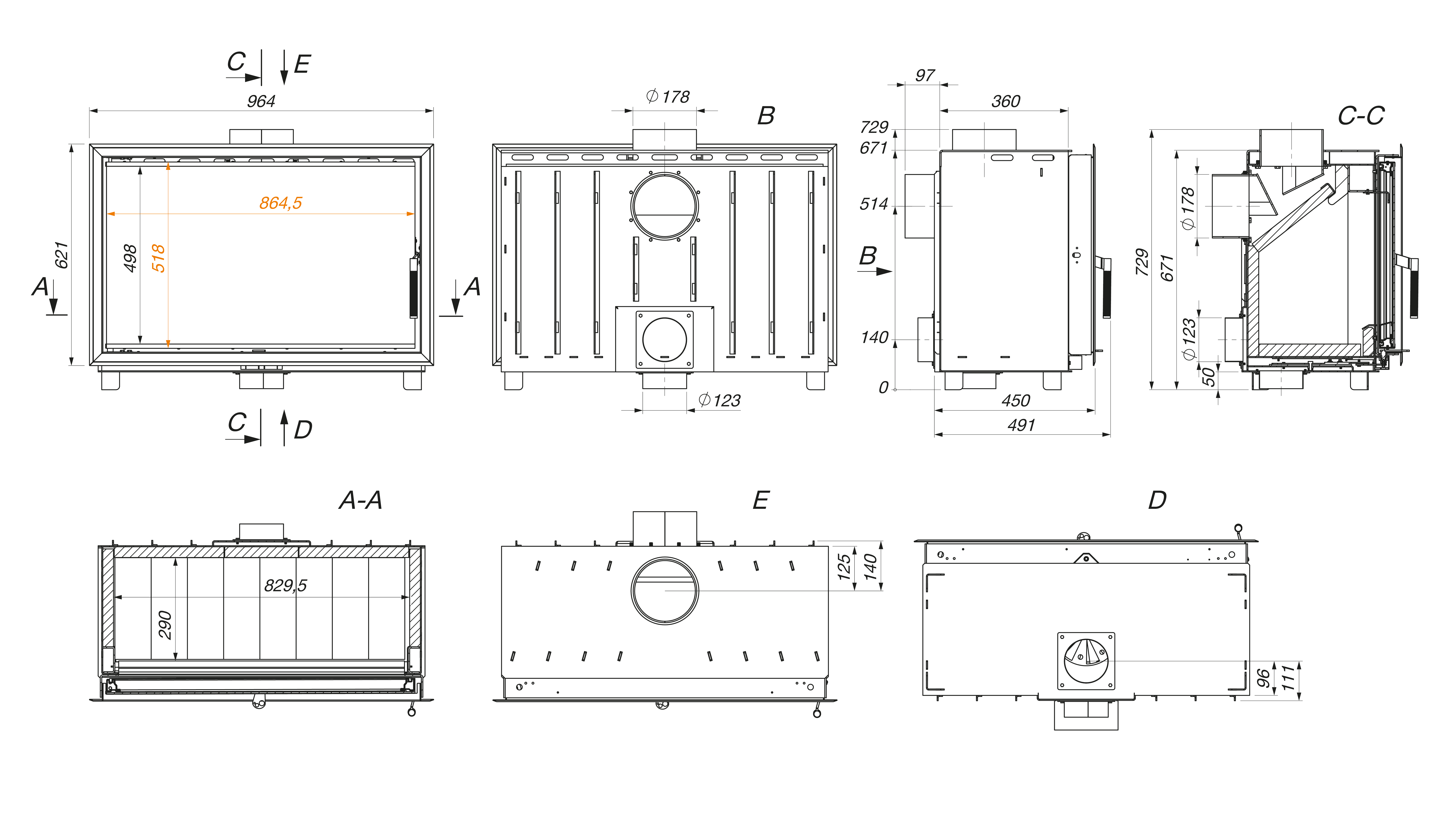 Fireplace cassette insert SAVEN Into 90x62 ECO. Technical drawing