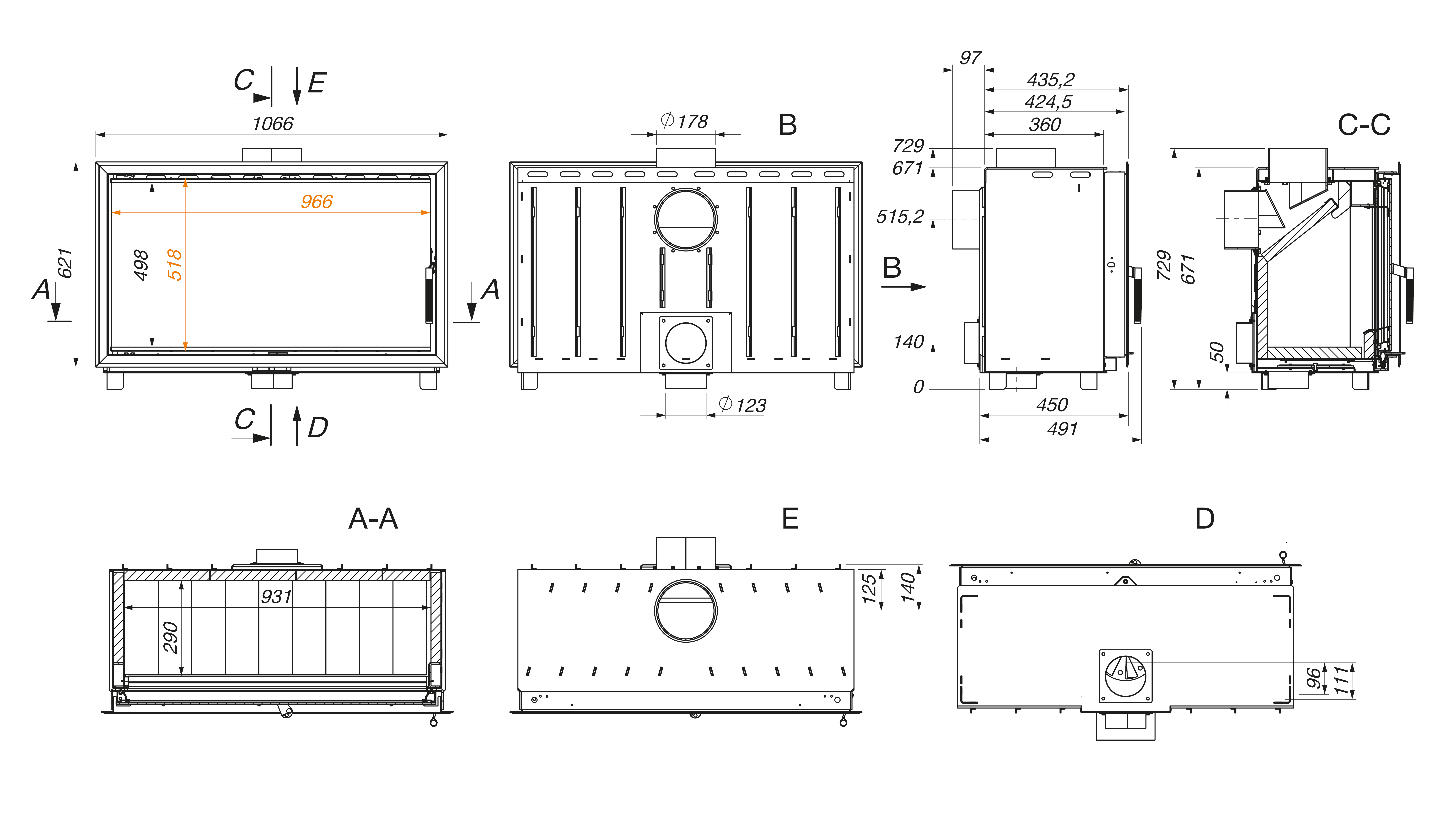 Fireplace cassette insert SAVEN Into 100x62 ECO. Technical drawing