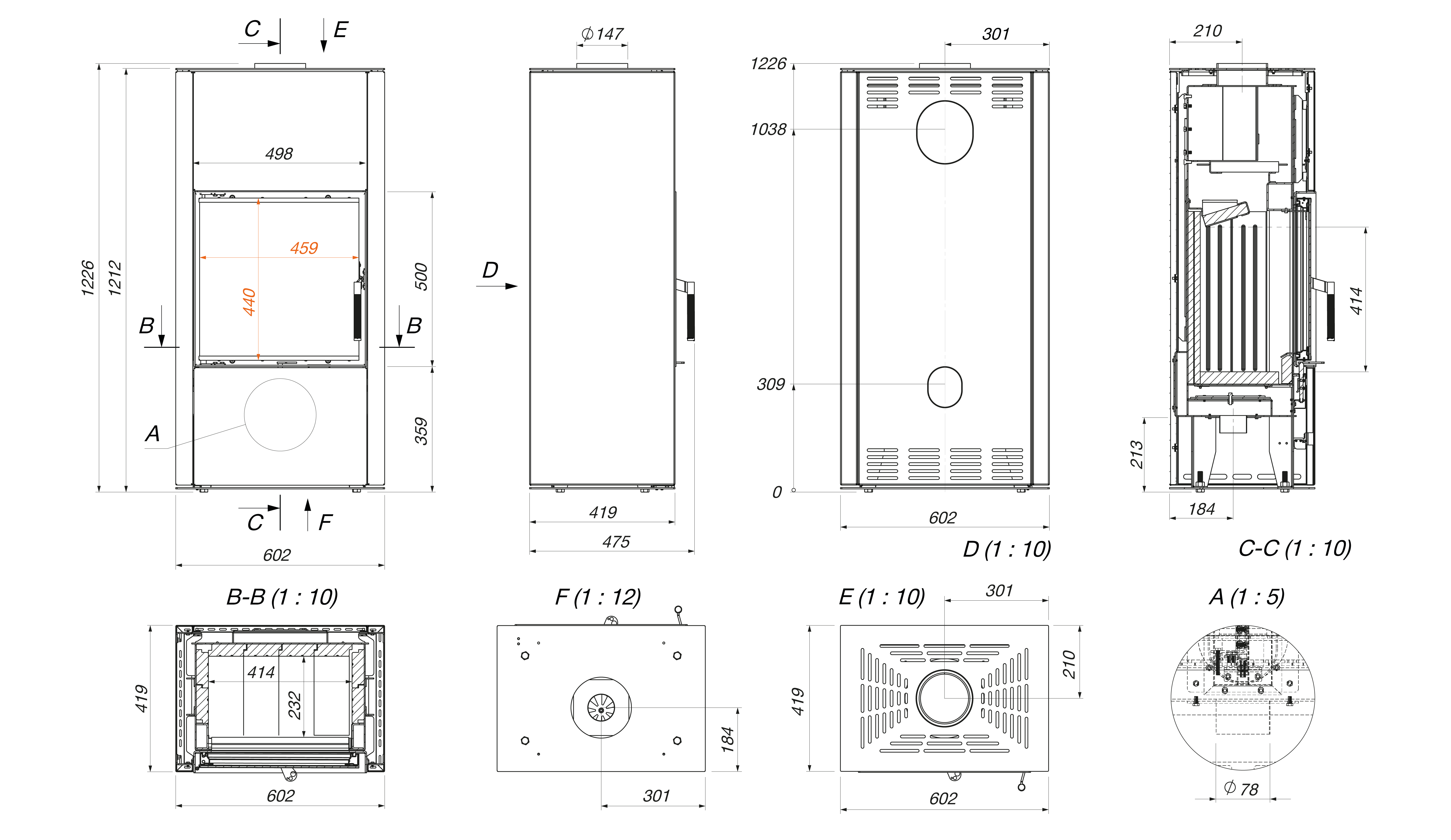 Fireplace stove SAVEN Vatra XL 50x50 Black ECO. Technical drawing