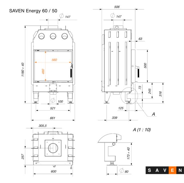 Fireplace insert SAVEN Energy 60x50 Black (14,5 kW) ECO. Photo 10