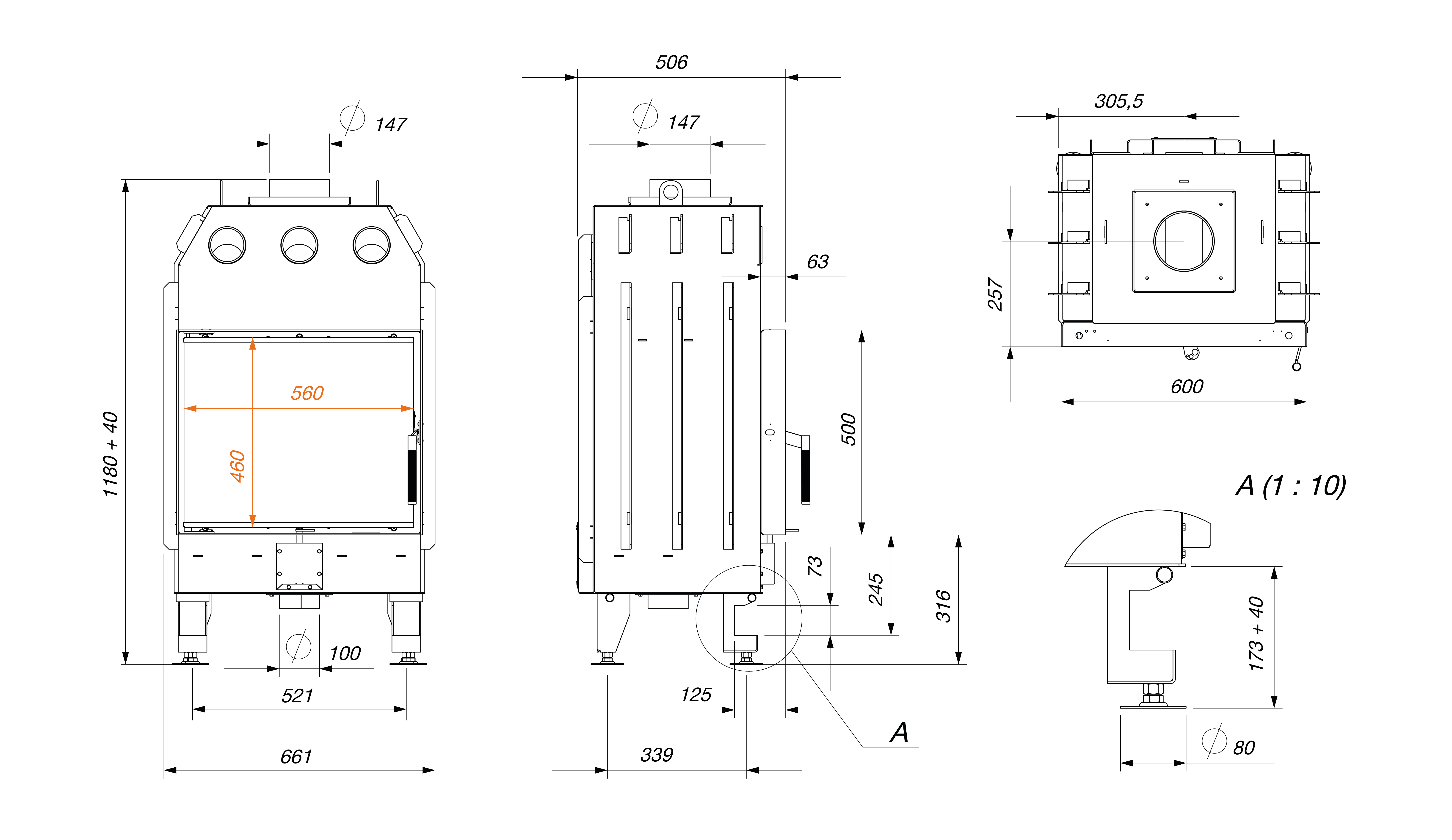 Fireplace insert SAVEN Energy 60x50 Black (14,5 kW) ECO. Technical drawing