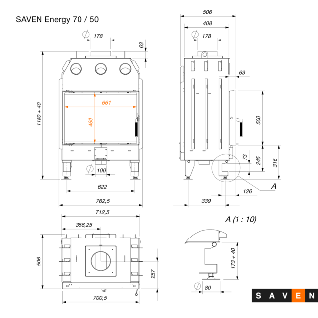 Fireplace insert SAVEN Energy 70x50 Black (15,1 kW) ECO. Photo 10