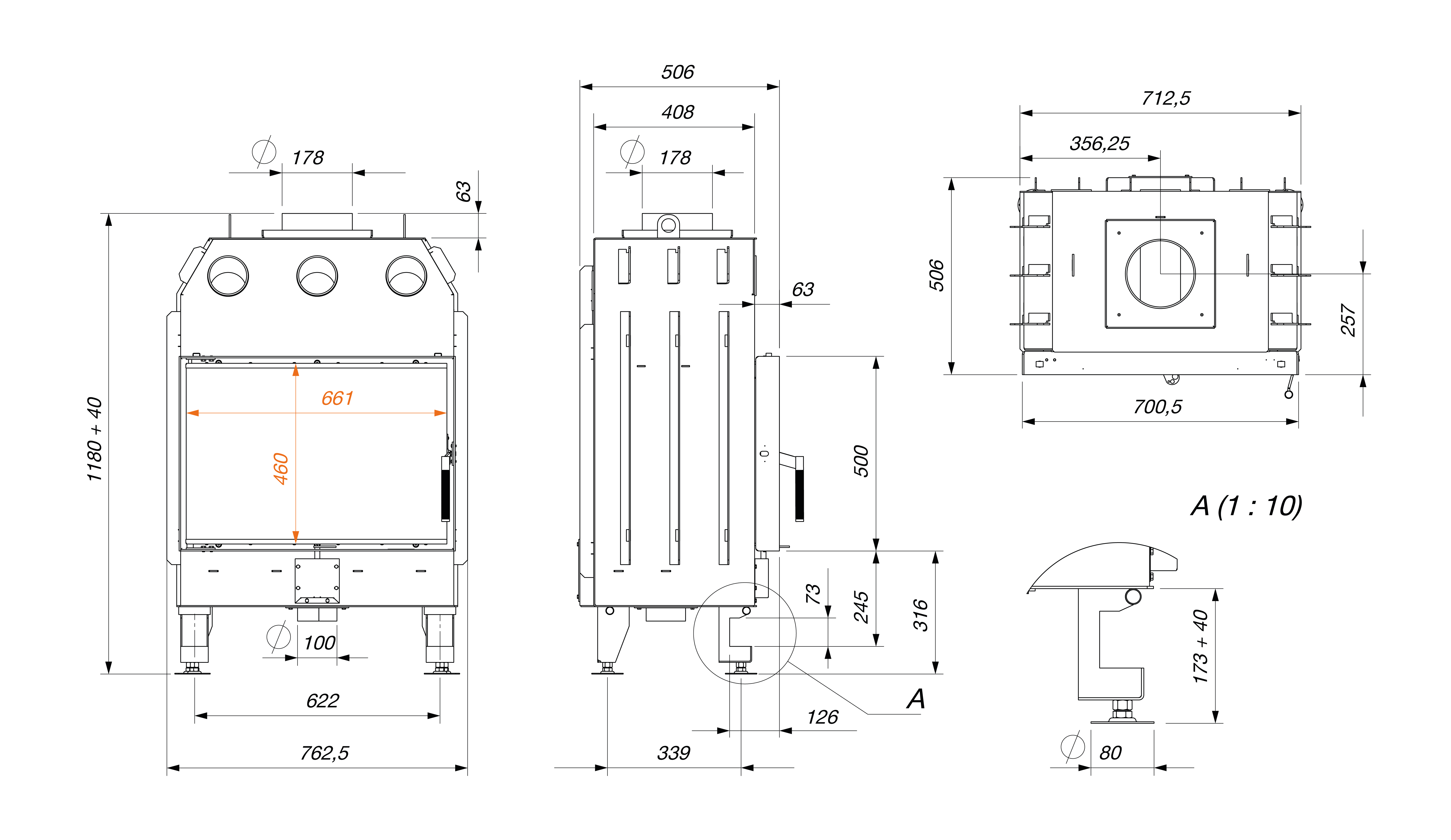 Fireplace insert SAVEN Energy 70x50 Black (15,1 kW) ECO. Technical drawing