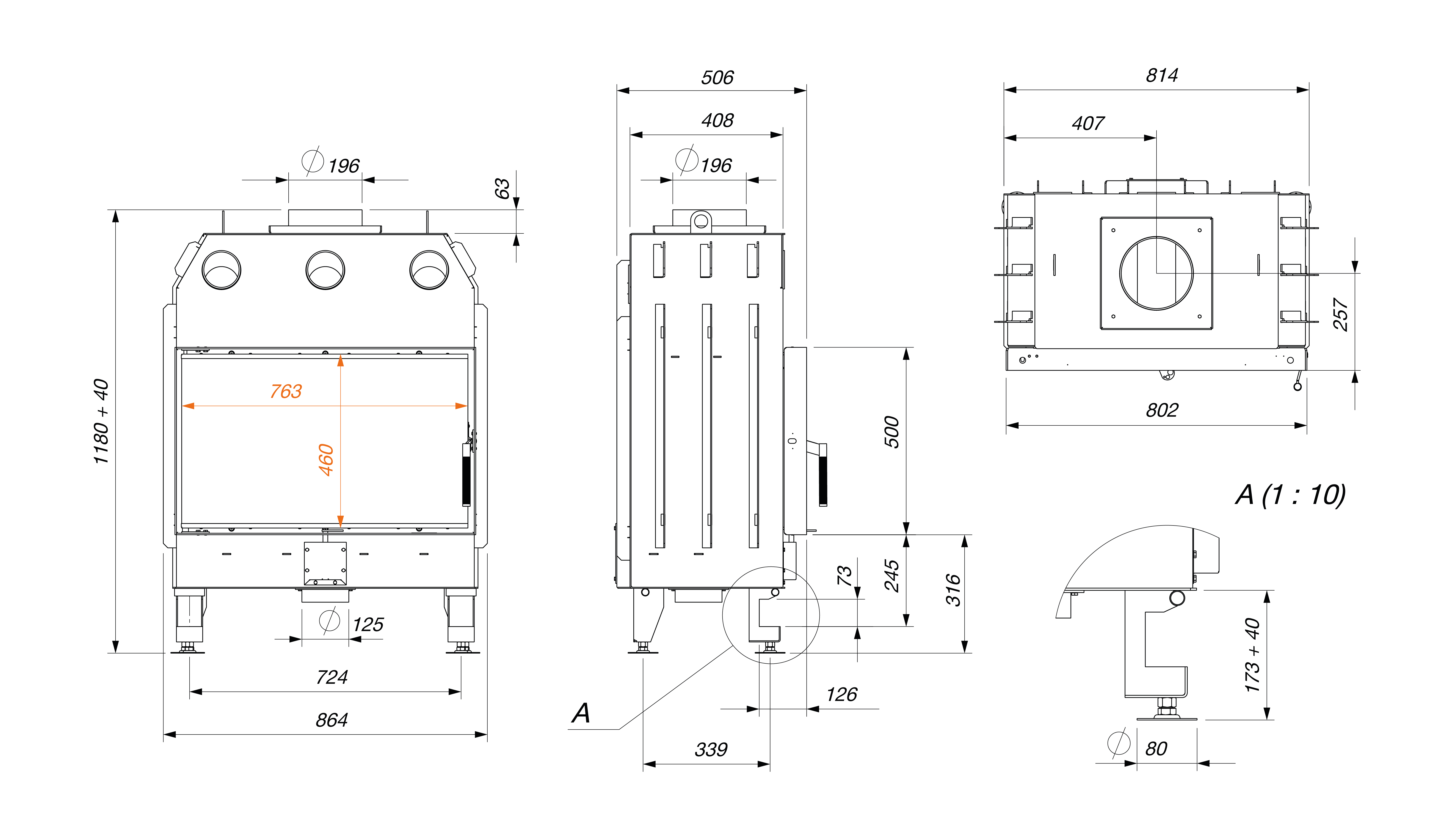 Fireplace insert SAVEN Energy 80x50 Black (17,0 kW) ECO. Technical drawing