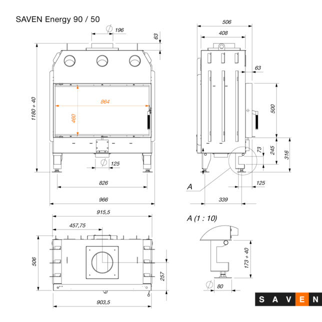 Fireplace insert SAVEN Energy 90x50 Black (19,0 kW) ECO. Photo 9