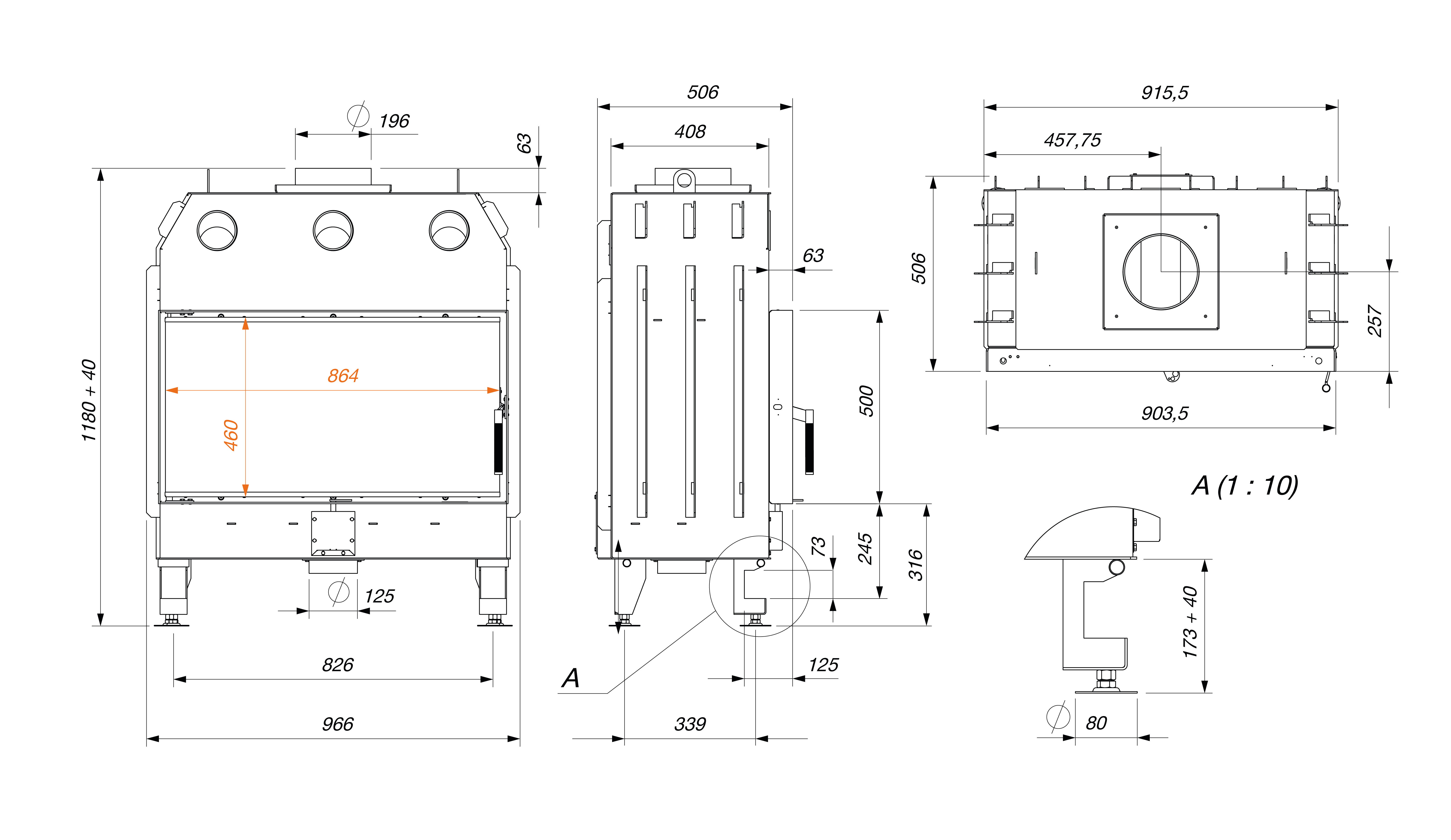 Fireplace insert SAVEN Energy 90x50 Black (19,0 kW) ECO. Technical drawing