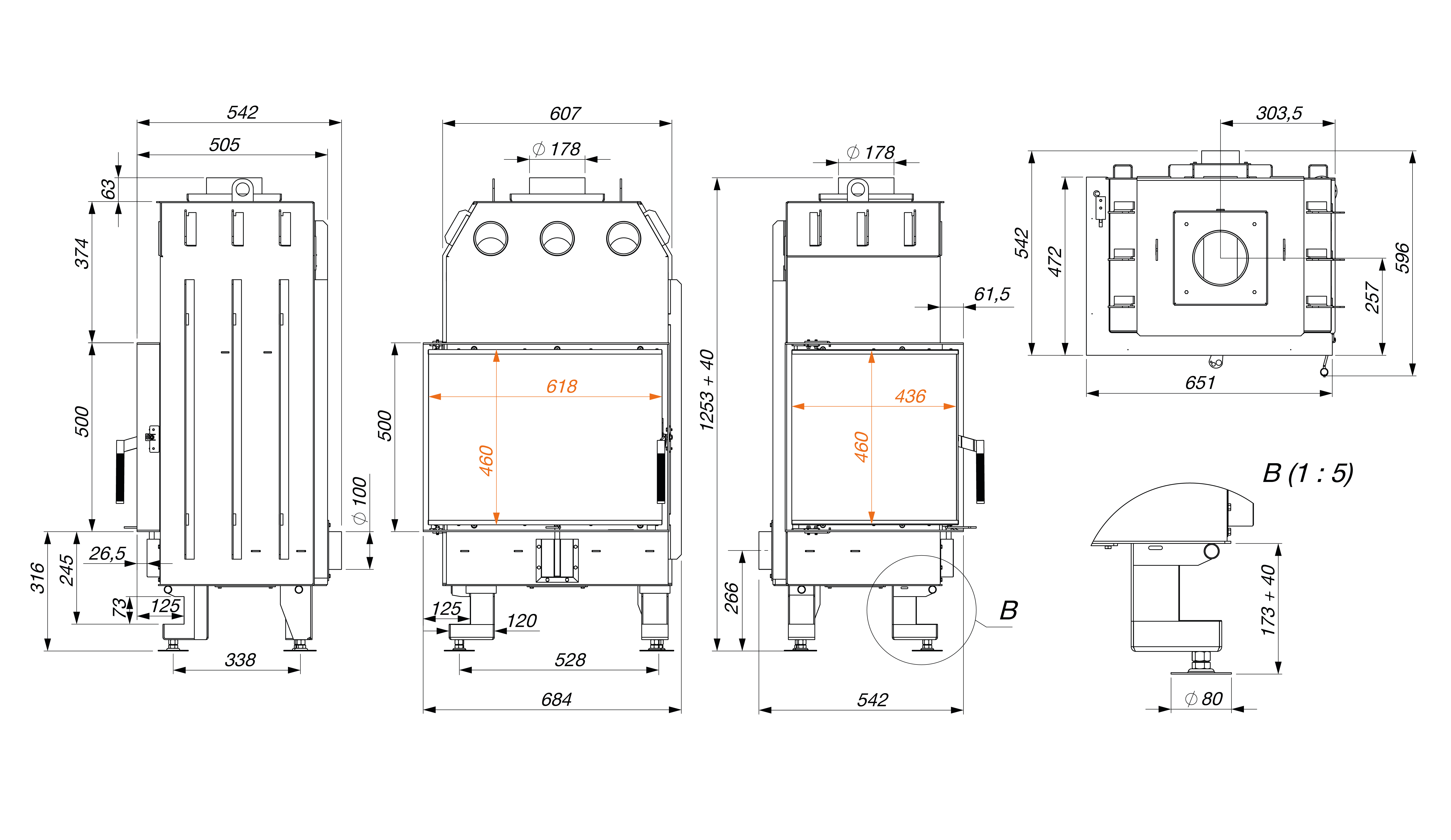 Fireplace insert SAVEN Energy 65x50x47L Black (14,5 kW) ECO. Technical drawing