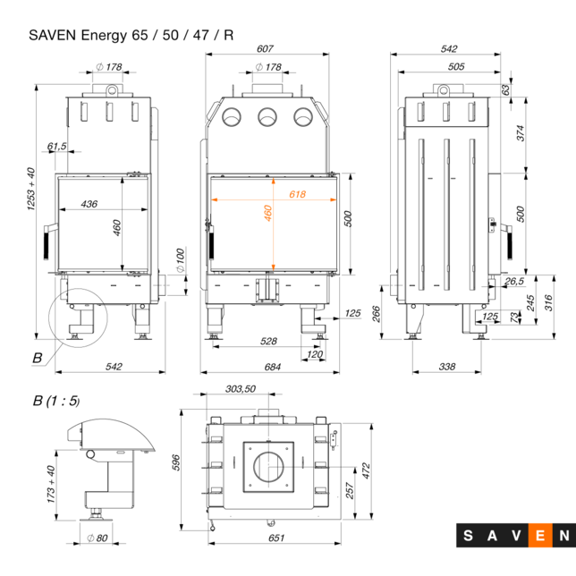 Fireplace insert SAVEN Energy 65x50x47R Black (14,5 kW) ECO. Photo 11