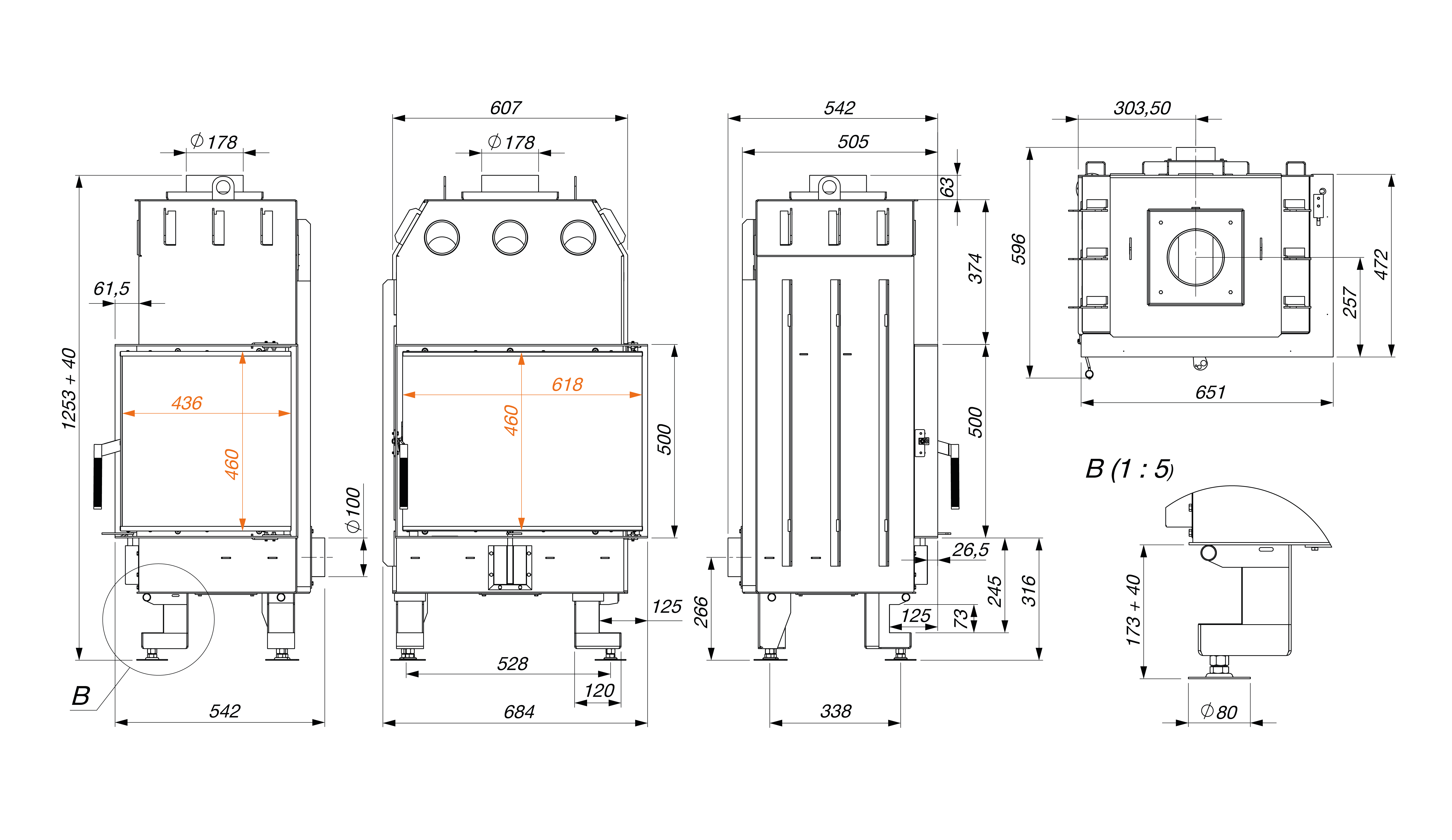 Fireplace insert SAVEN Energy 65x50x47R Black (14,5 kW) ECO. Technical drawing