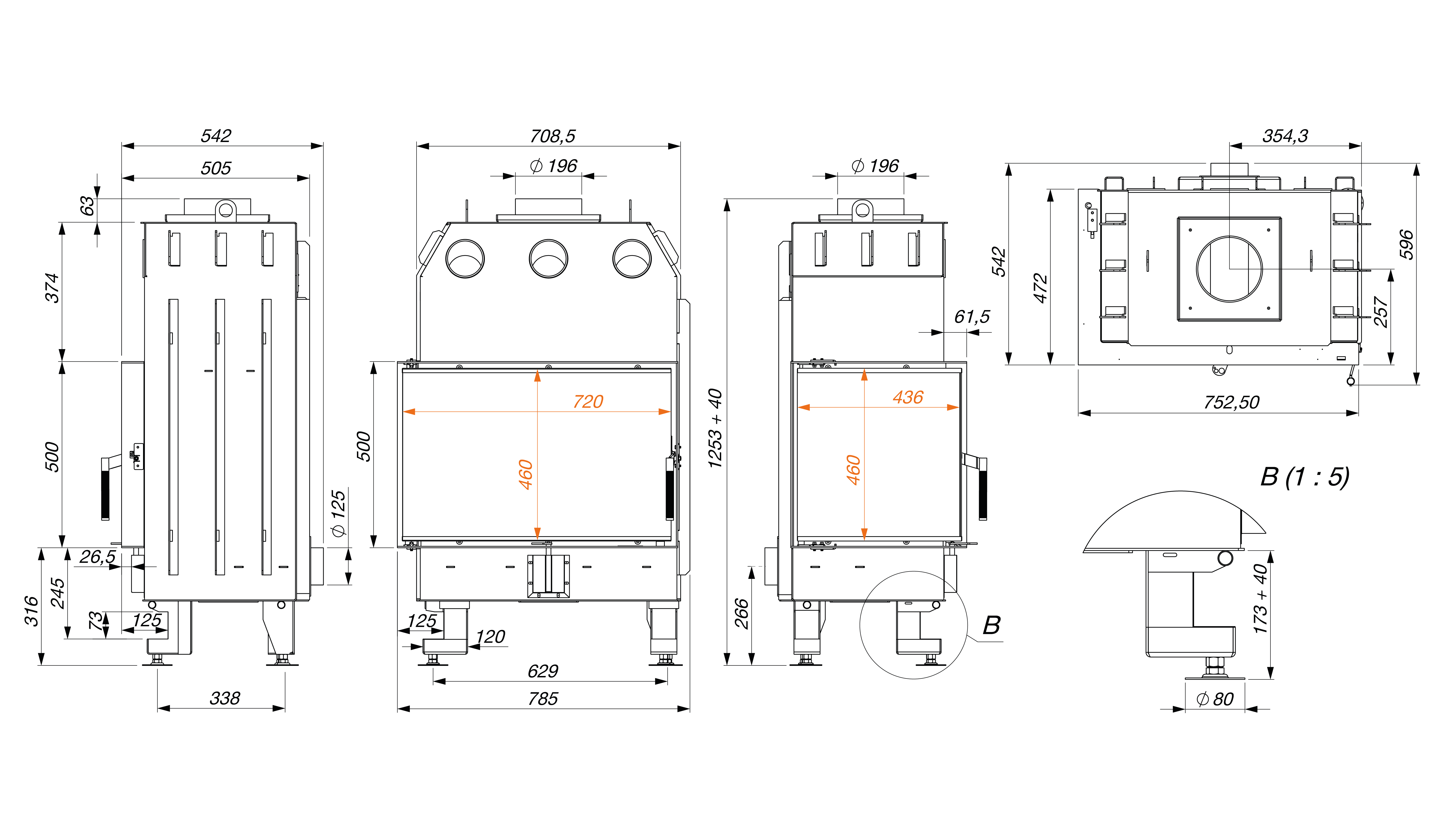 Fireplace insert SAVEN Energy 75x50x47L Black (15,1 kW) ECO. Technical drawing