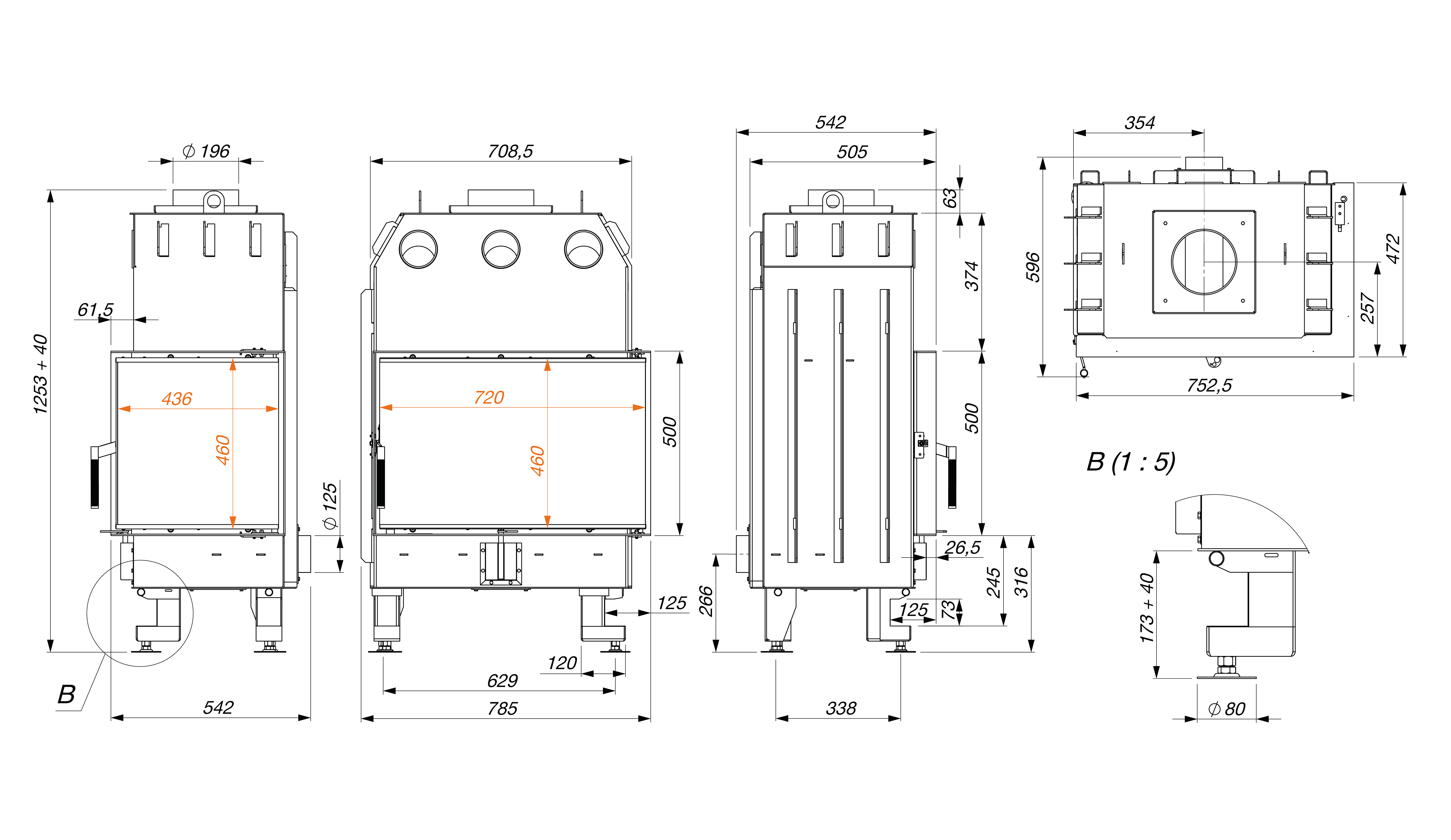 Fireplace insert SAVEN Energy 75x50x47R Black (15,1 kW) ECO. Technical drawing