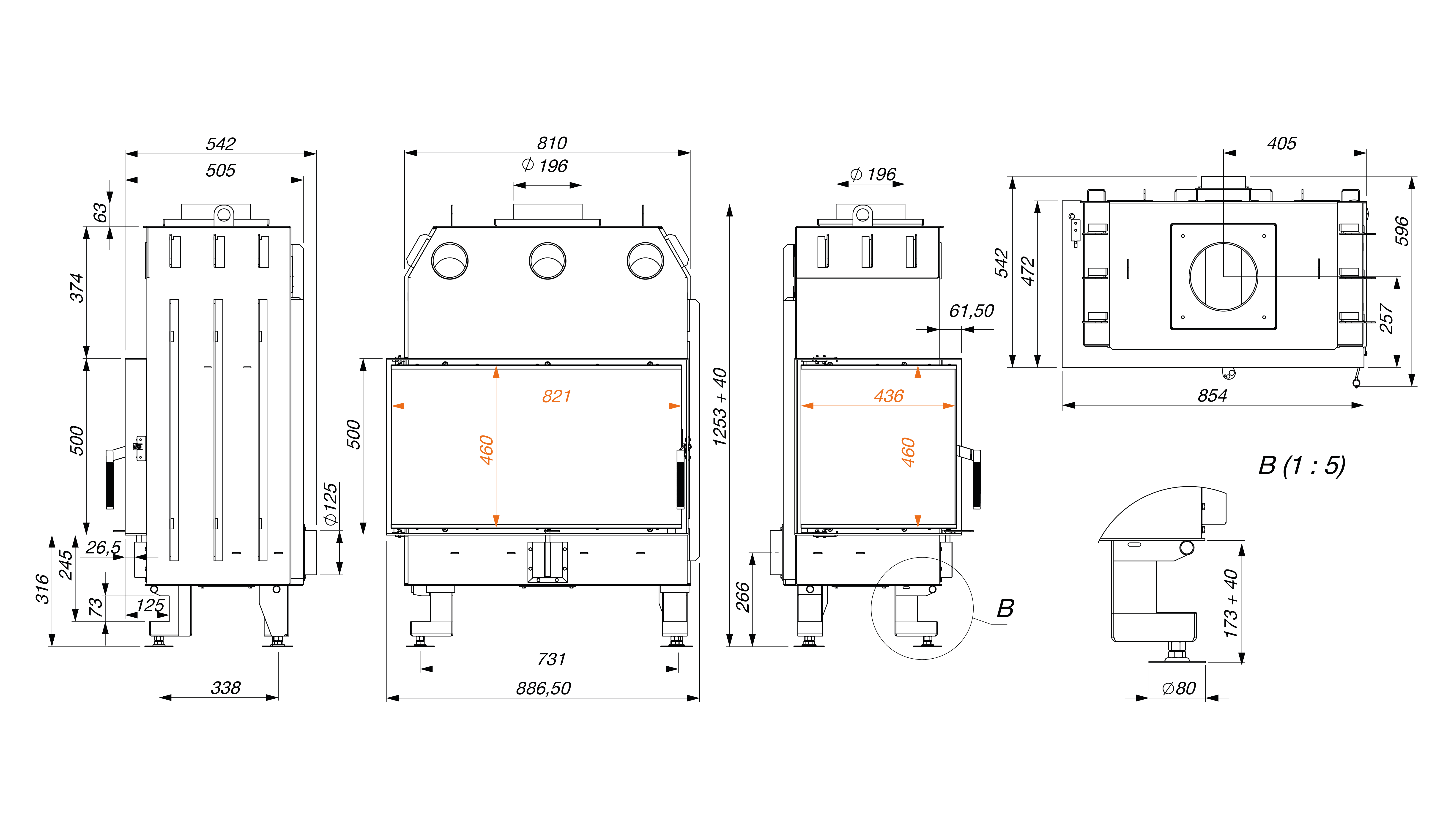 Fireplace insert SAVEN Energy 85x50x47L Black (17,0 kW) ECO. Technical drawing