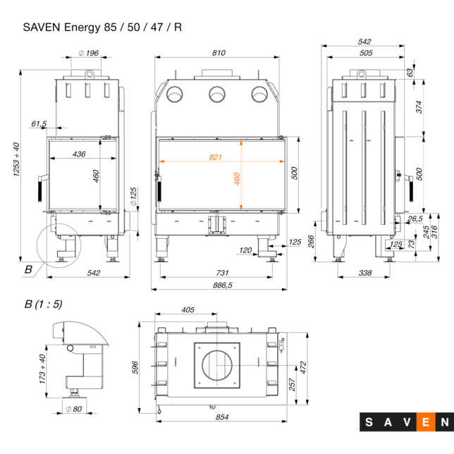 Fireplace insert SAVEN Energy 85x50x47R Black (17,0 kW) ECO. Photo 11