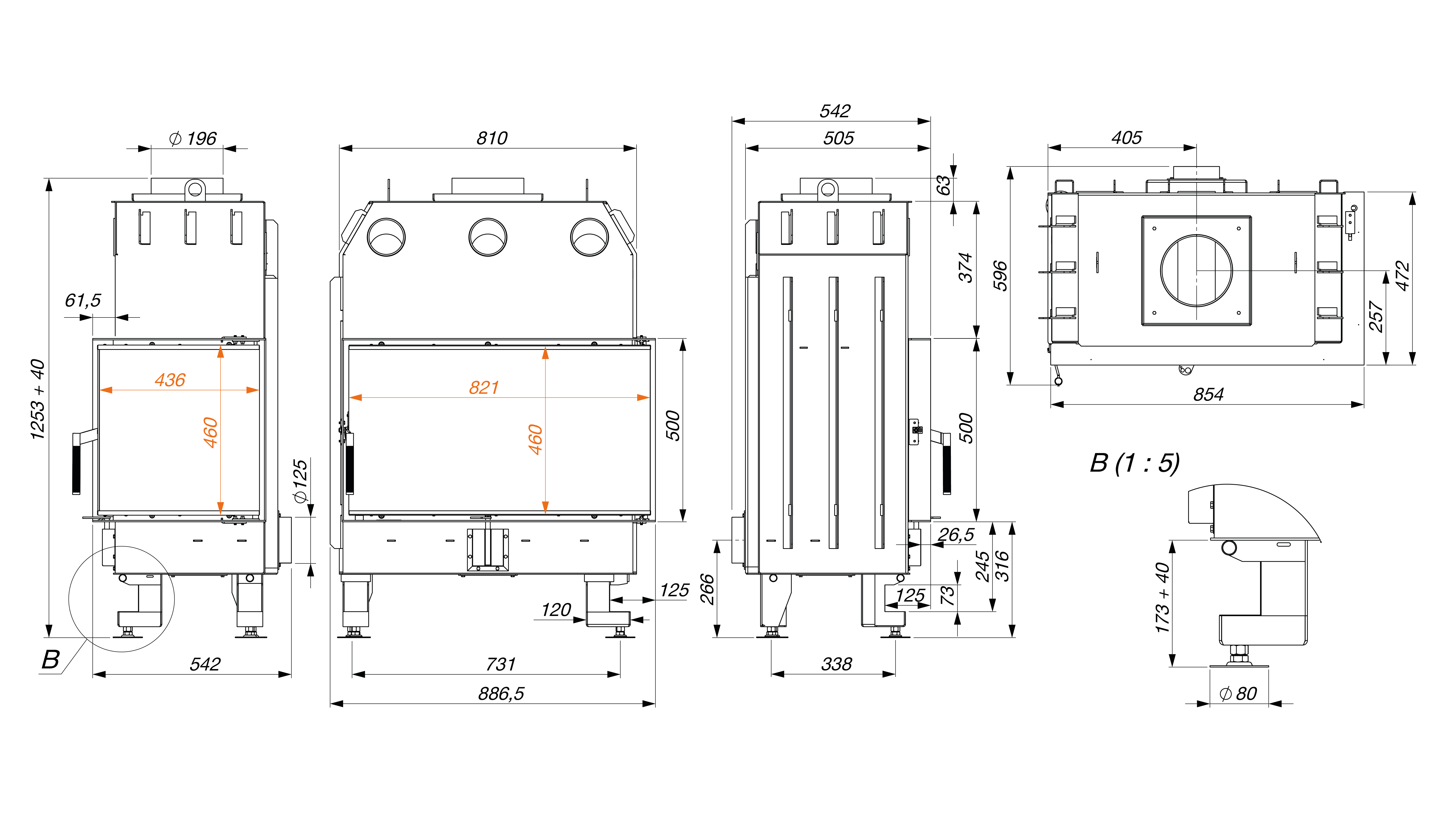 Fireplace insert SAVEN Energy 85x50x47R Black (17,0 kW) ECO. Technical drawing