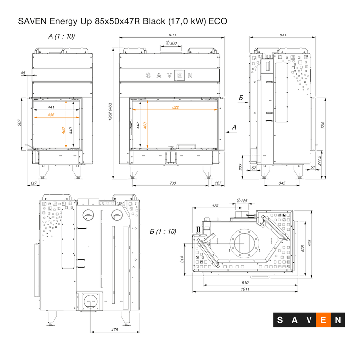 Fireplace insert SAVEN Energy Up 85x50x47R Black (17,0 kW) ECO. Photo 13