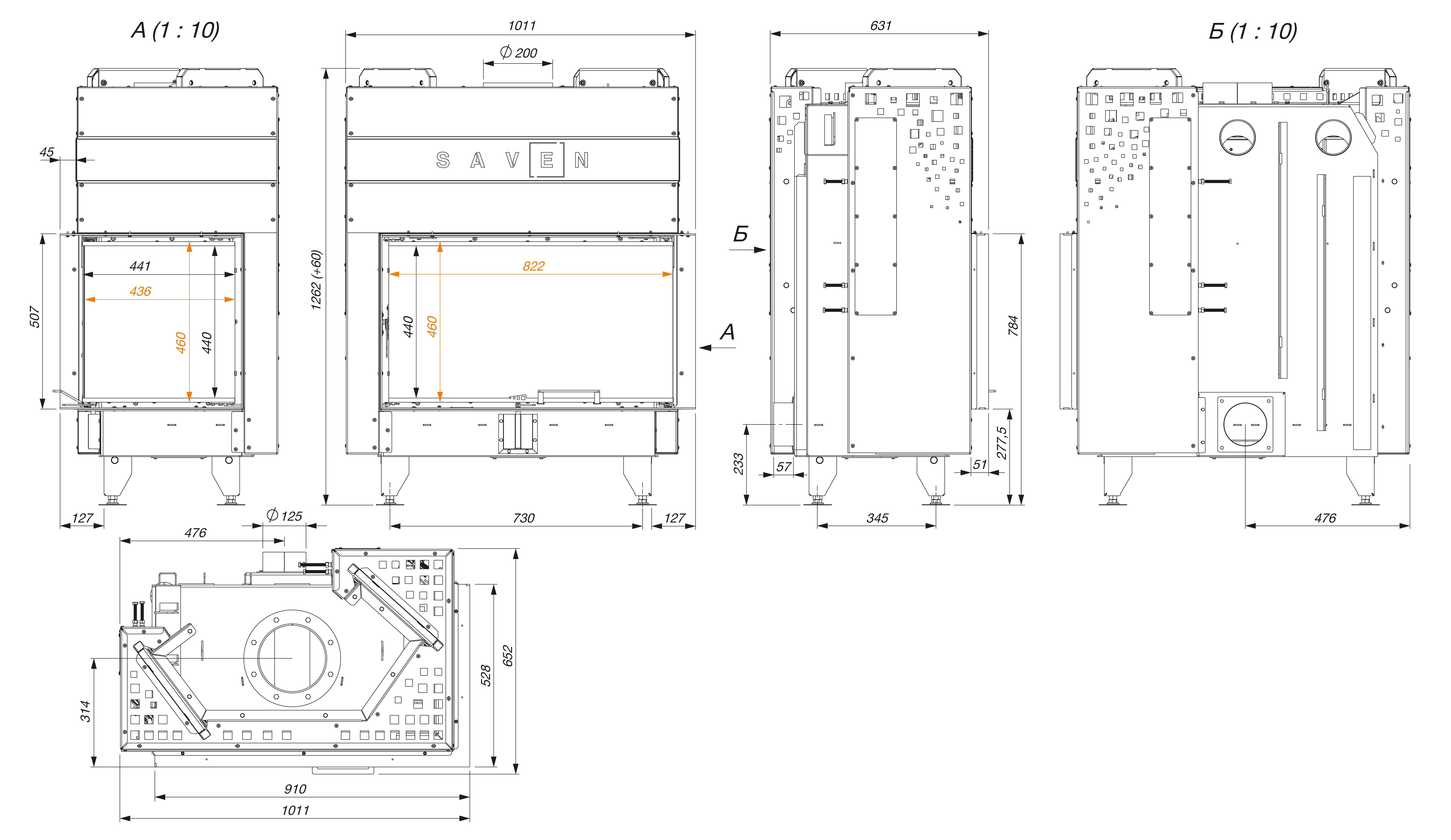 Fireplace insert SAVEN Energy Up 85x50x47R Black (17,0 kW) ECO. Technical drawing
