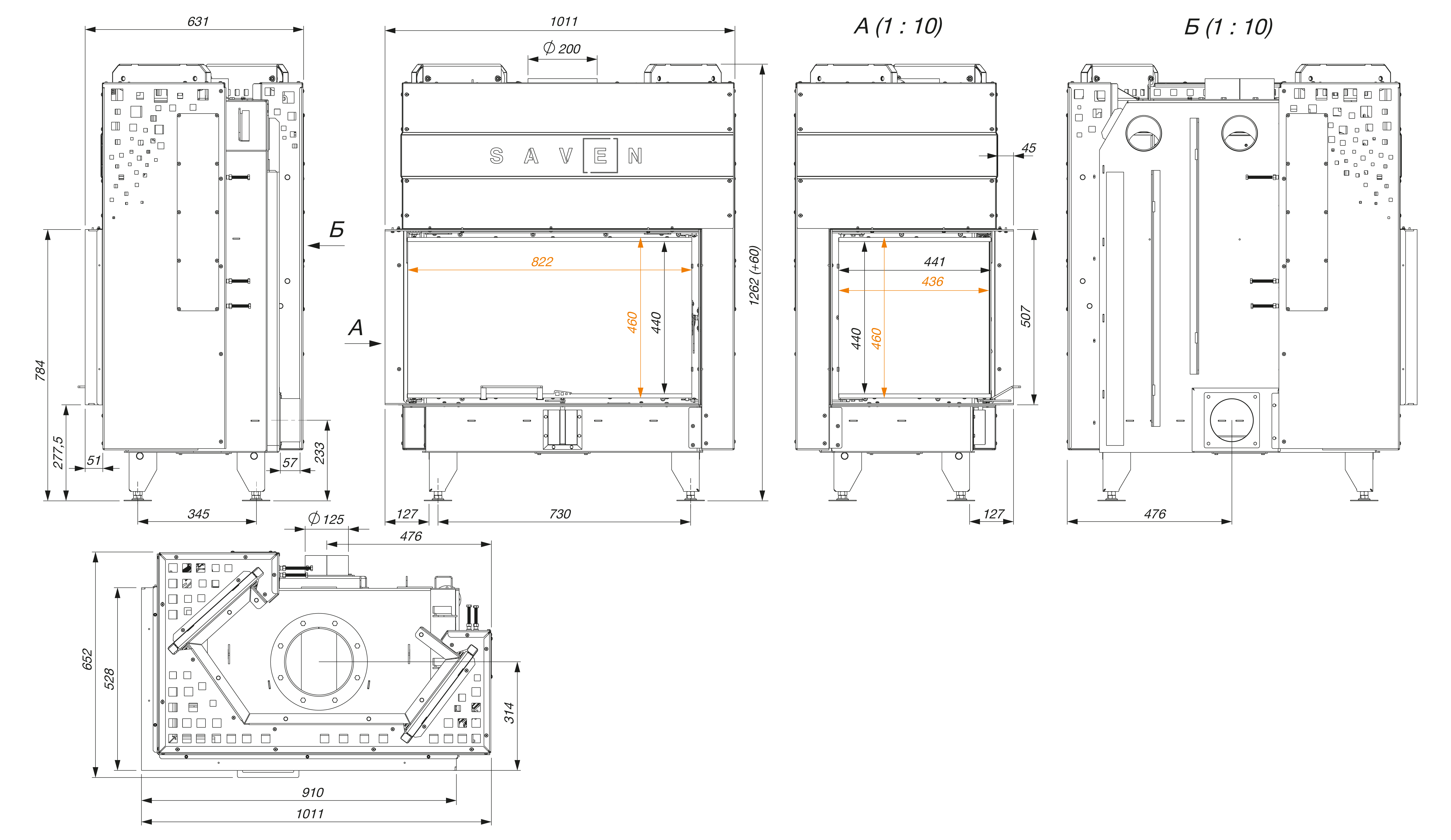 Fireplace insert SAVEN Energy Up 85x50x47L Black (17,0 kW) ECO. Technical drawing