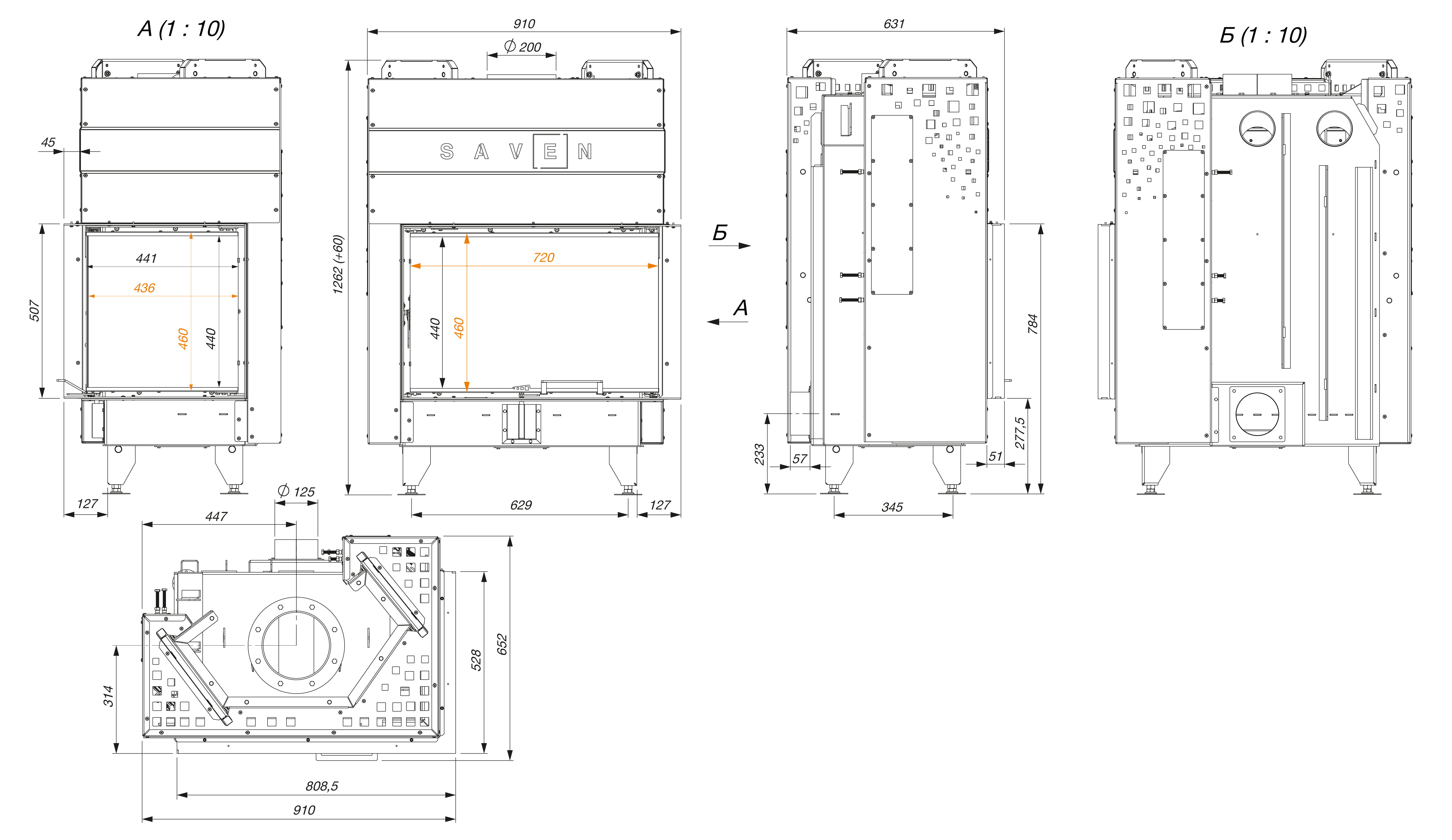 Fireplace insert SAVEN Energy Up 75x50x47R Black (15,1 kW) ECO. Technical drawing
