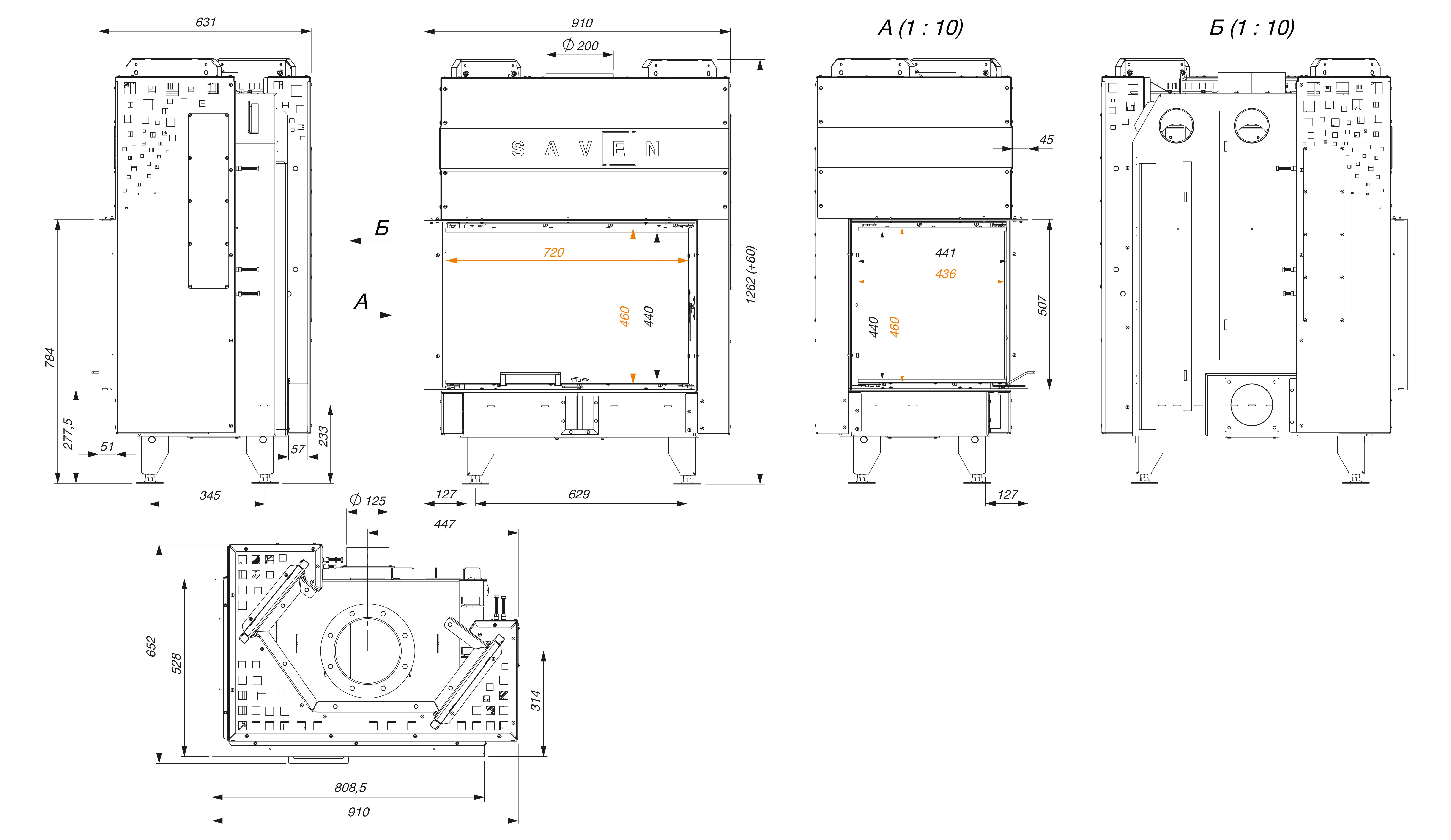 Fireplace insert SAVEN Energy Up 75x50x47L Black (15,1 kW) ECO. Technical drawing