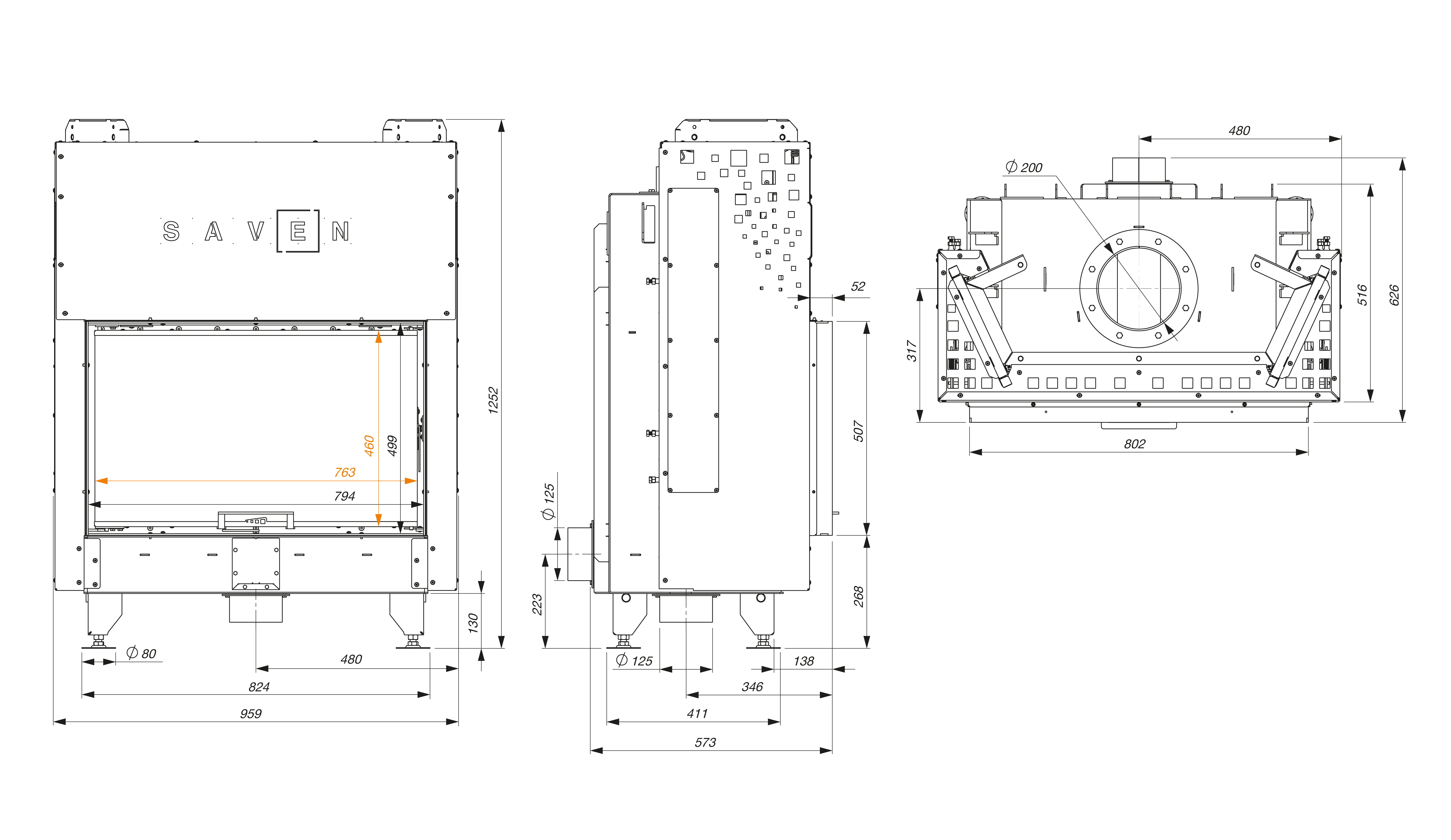 Fireplace insert SAVEN Energy Up 80x50 Black (17,0 kW) ECO. Technical drawing