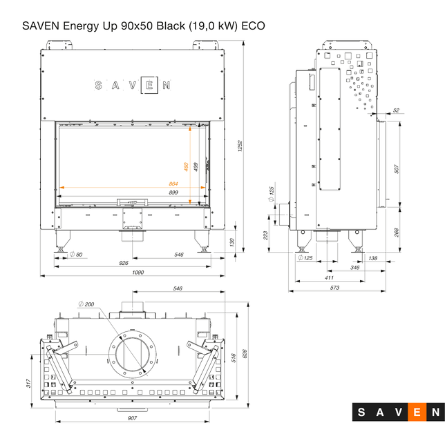 Fireplace insert SAVEN Energy Up 90x50 Black (19,0 kW) ECO. Photo 12