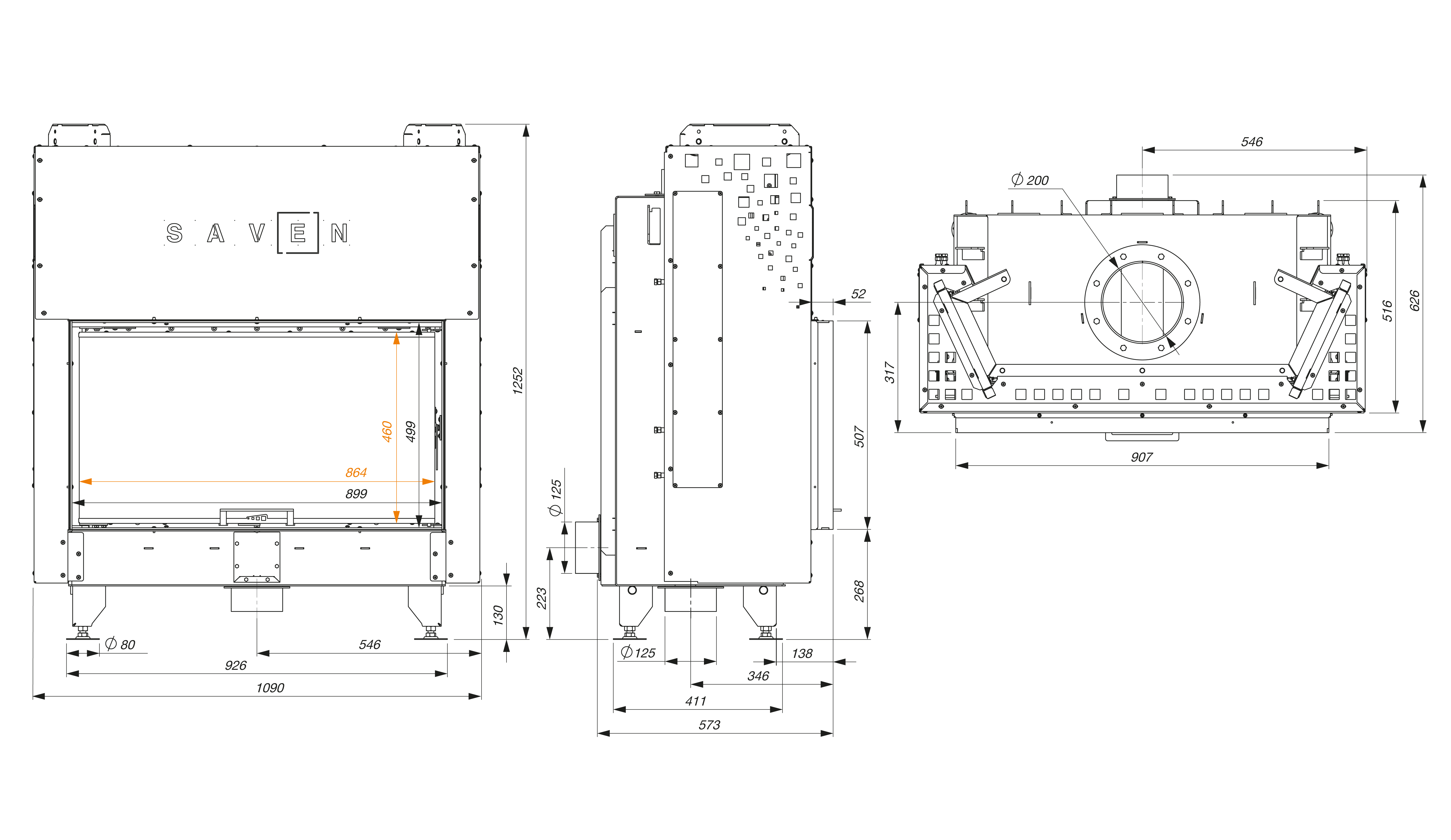 Fireplace insert SAVEN Energy Up 90x50 Black (19,0 kW) ECO. Technical drawing