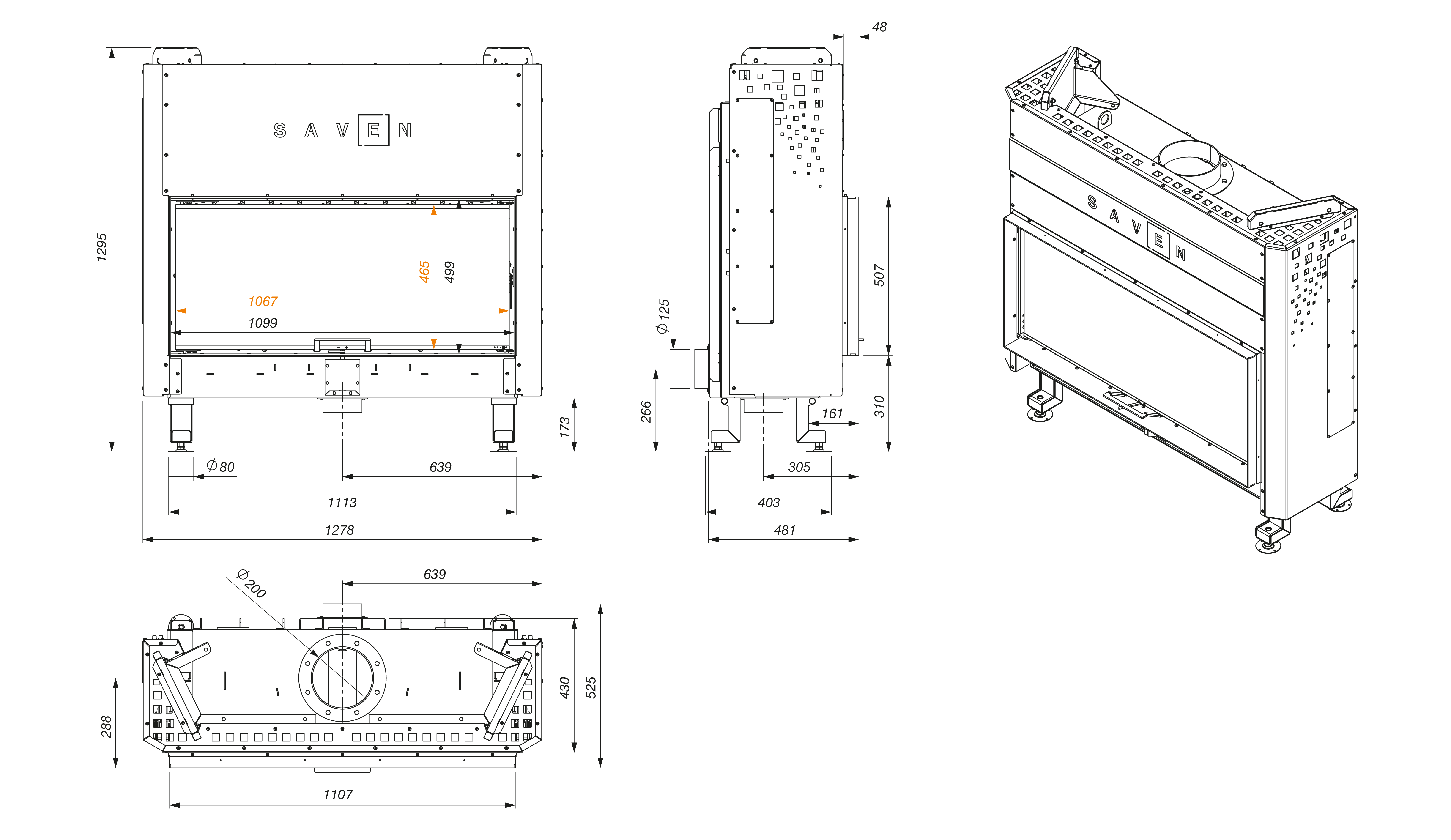 Fireplace insert SAVEN Balance Up 110x50 Black ECO. Technical drawing