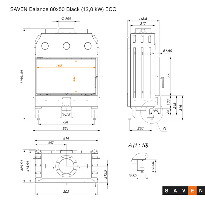 Fireplace insert SAVEN Balance 80x50 Black ECO. Photo 12