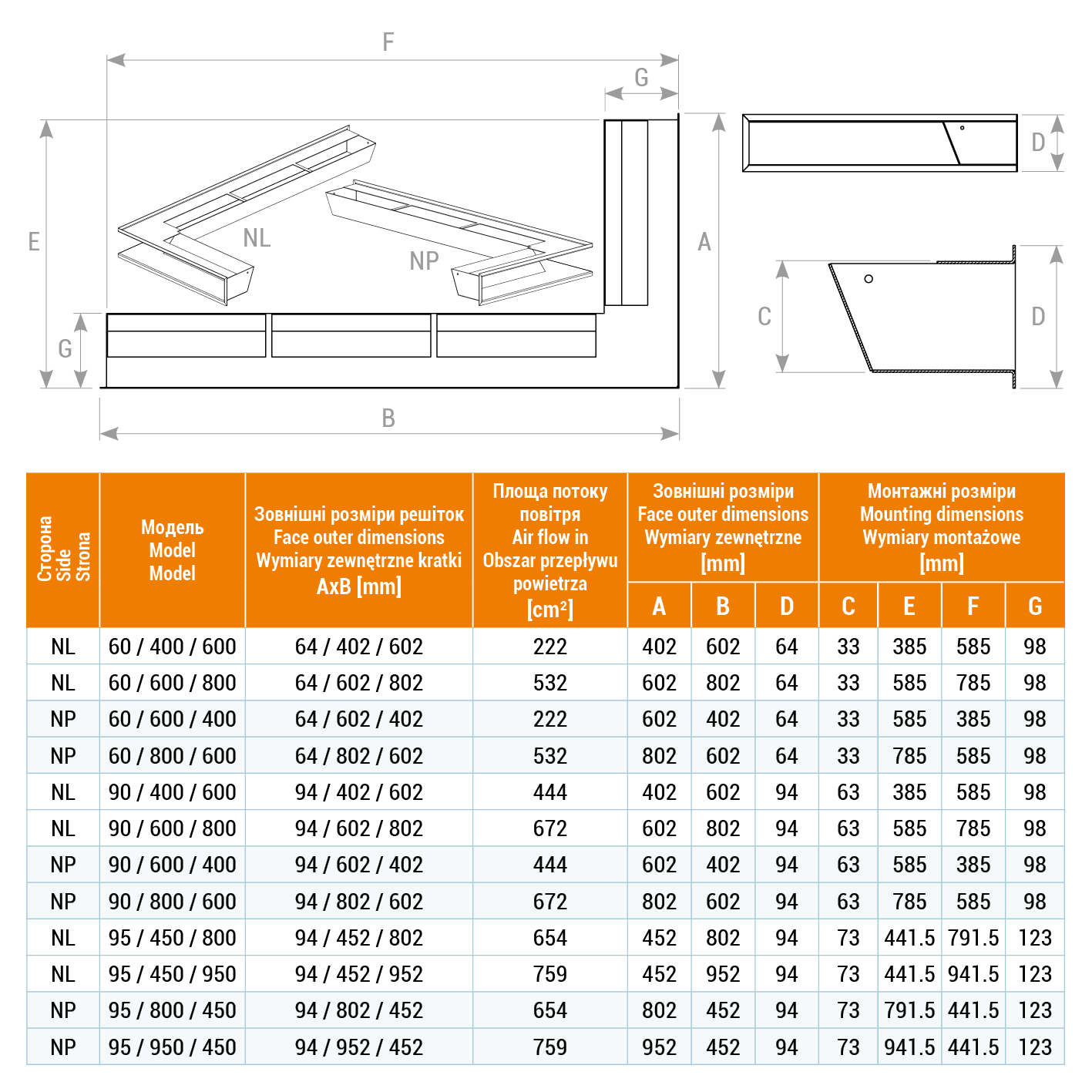 Fireplace ventilation grille 60x600x400 SAVEN Loft Angle white. Technical drawing