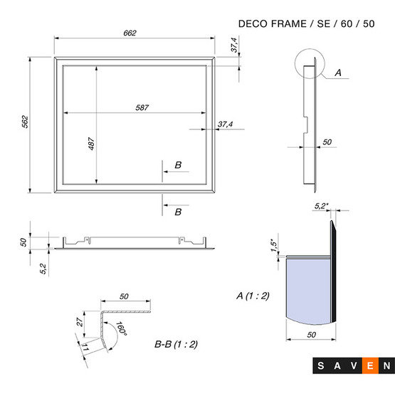 Ramka ozdobna do kominka SAVEN 60x50. Rysunek techniczny