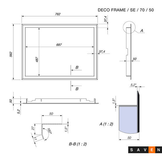Ramka ozdobna do kominka SAVEN 70x50. Rysunek techniczny