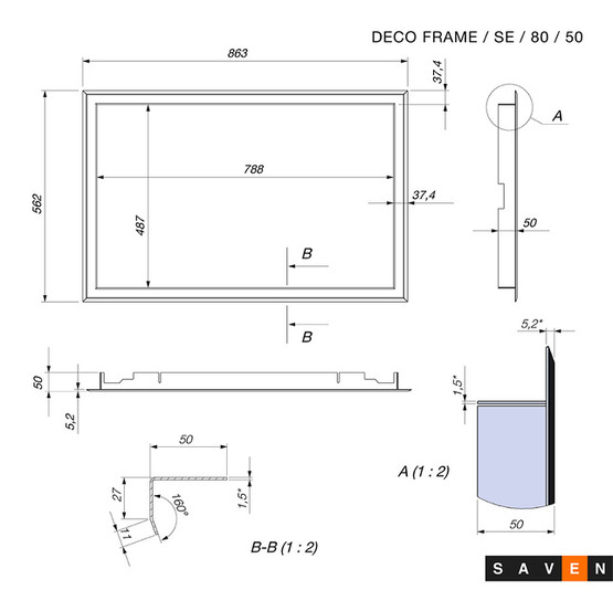 Ramka ozdobna do kominka SAVEN 80x50. Rysunek techniczny