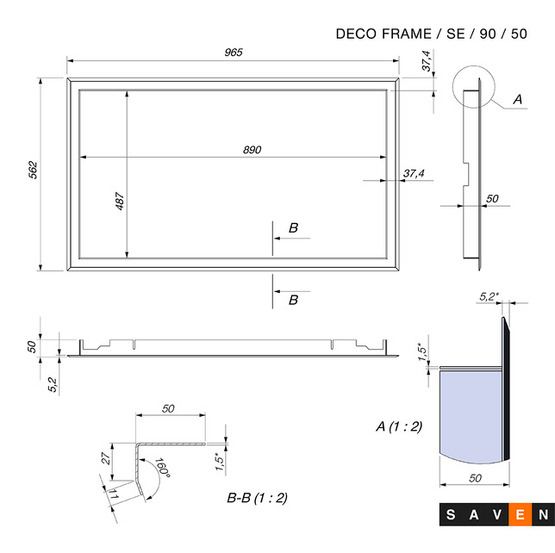 Ramka ozdobna do kominka SAVEN 90x50. Rysunek techniczny