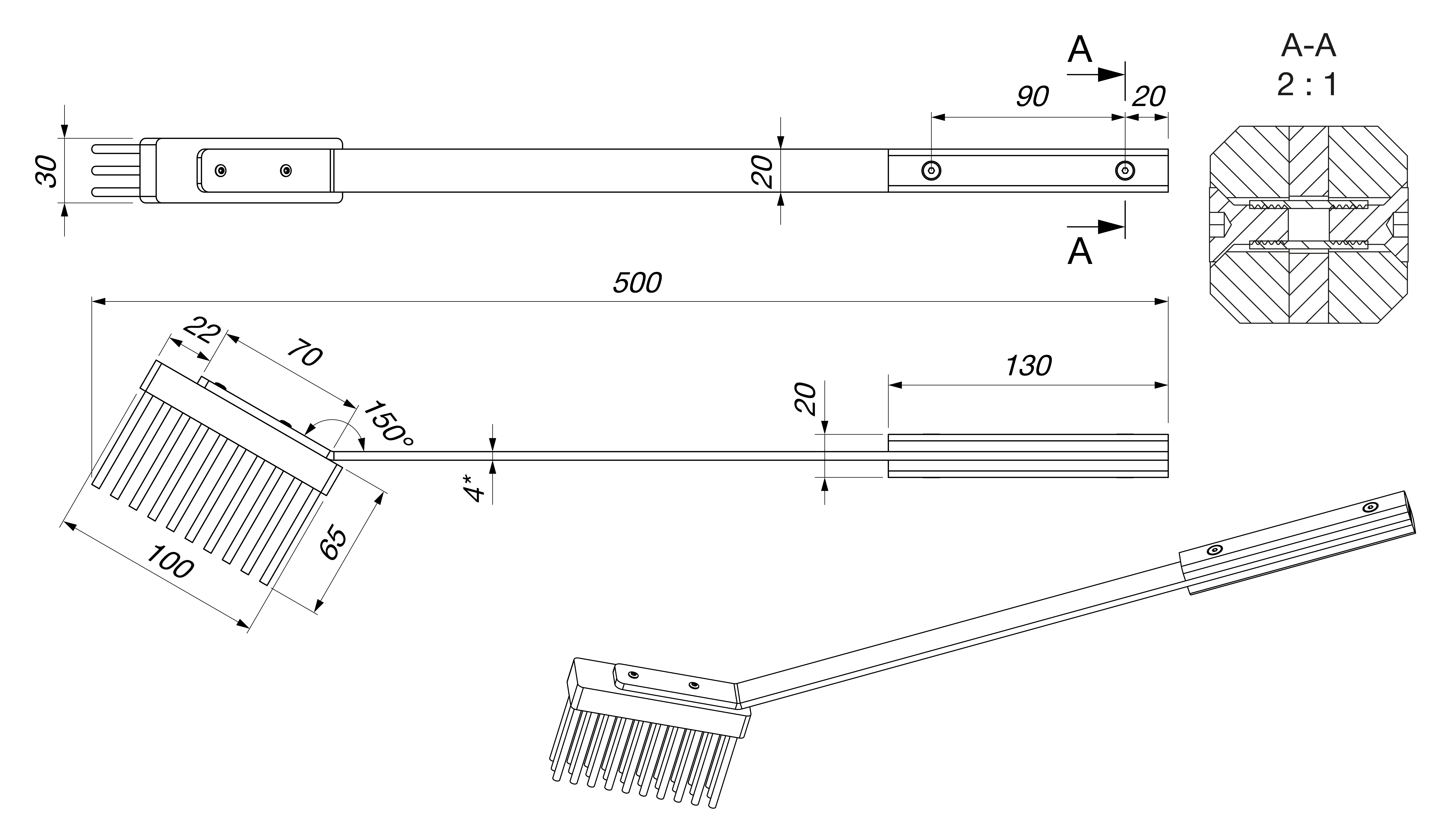 Szczotka kominkowa SAVEN Brush L (50cm) white. Rysunek techniczny
