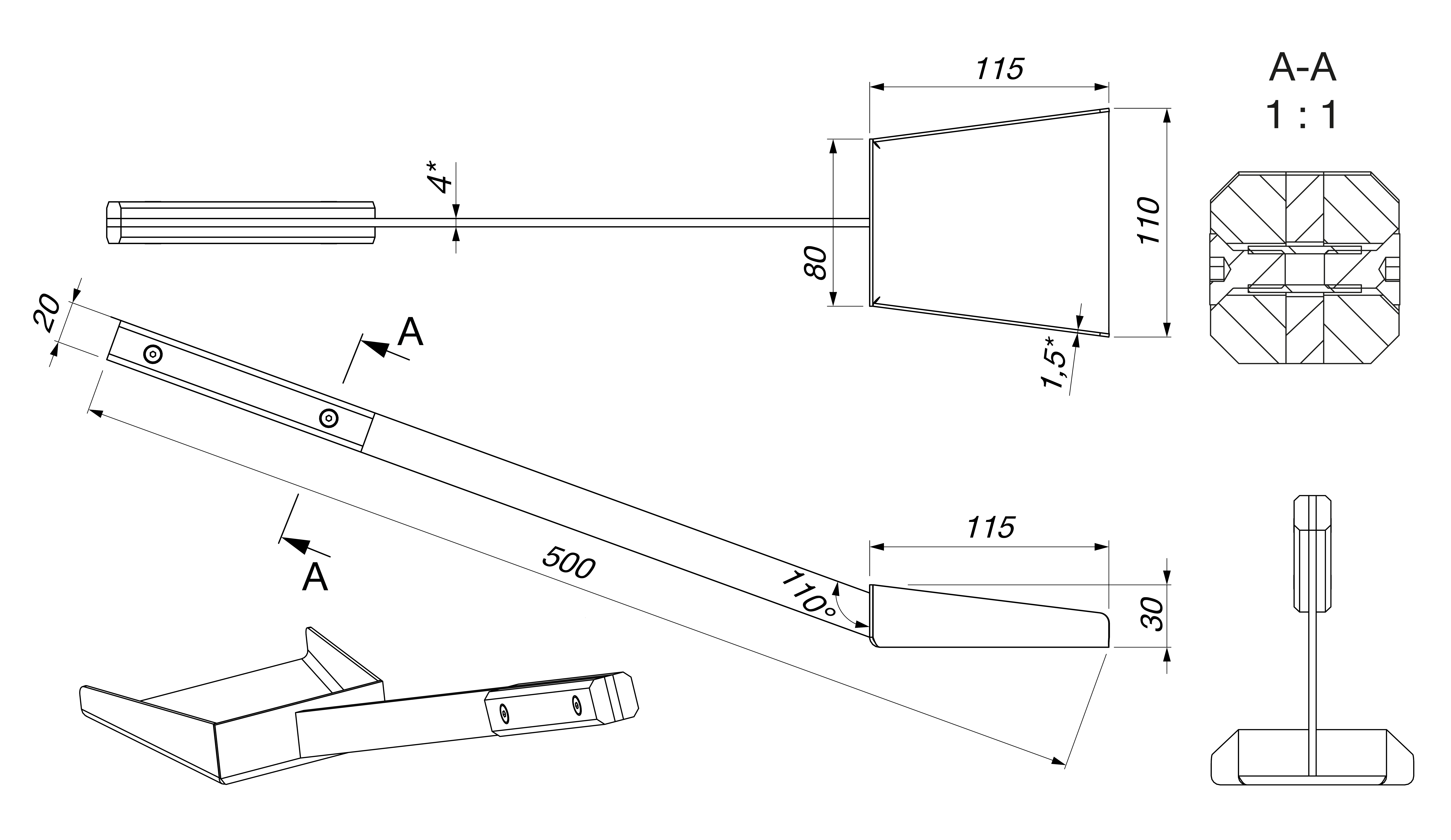 Szufelka do kominka SAVEN Shovel L (50cm) white. Rysunek techniczny