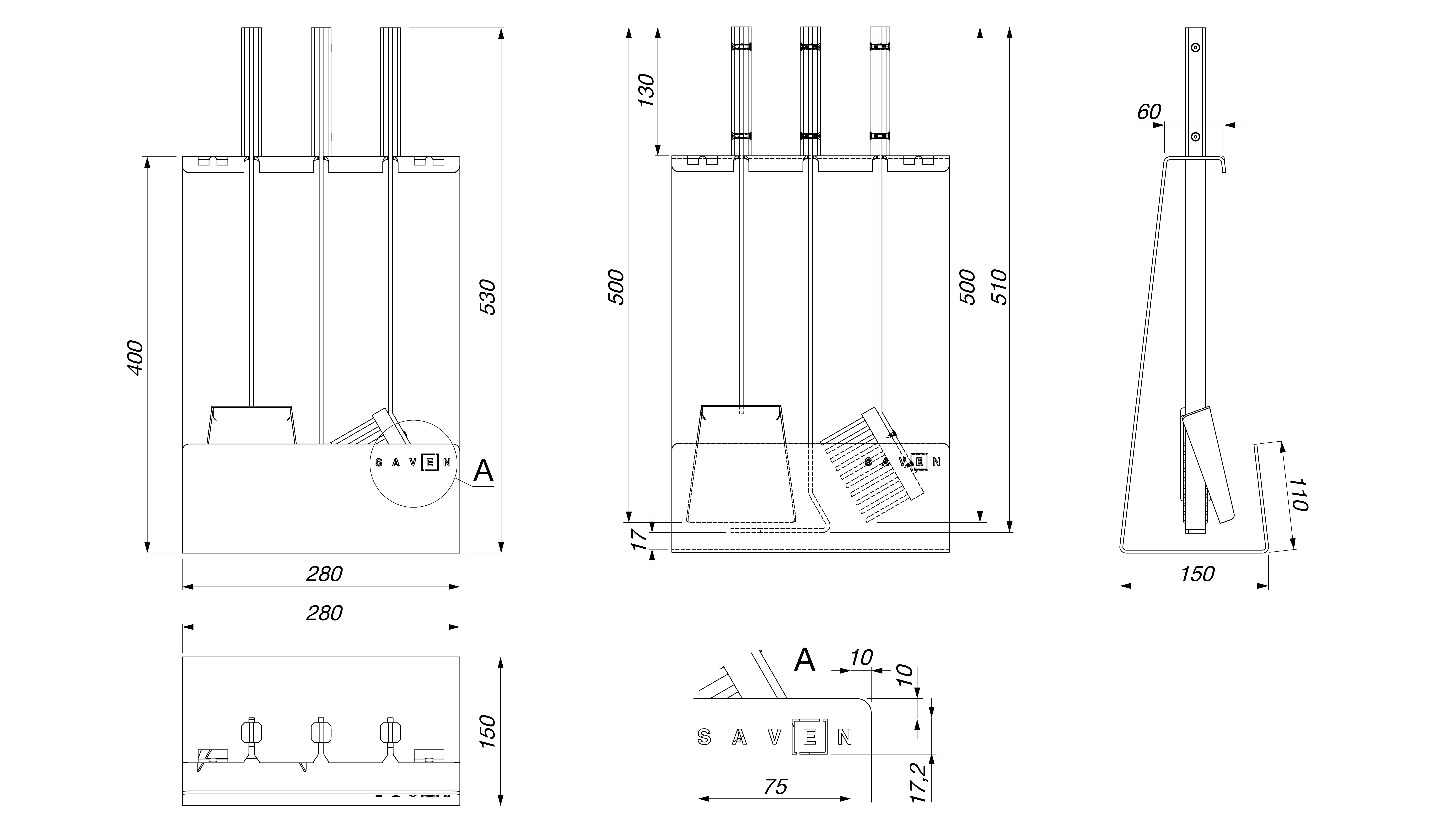 Zestaw kominkowy SAVEN Set 4 L white. Rysunek techniczny