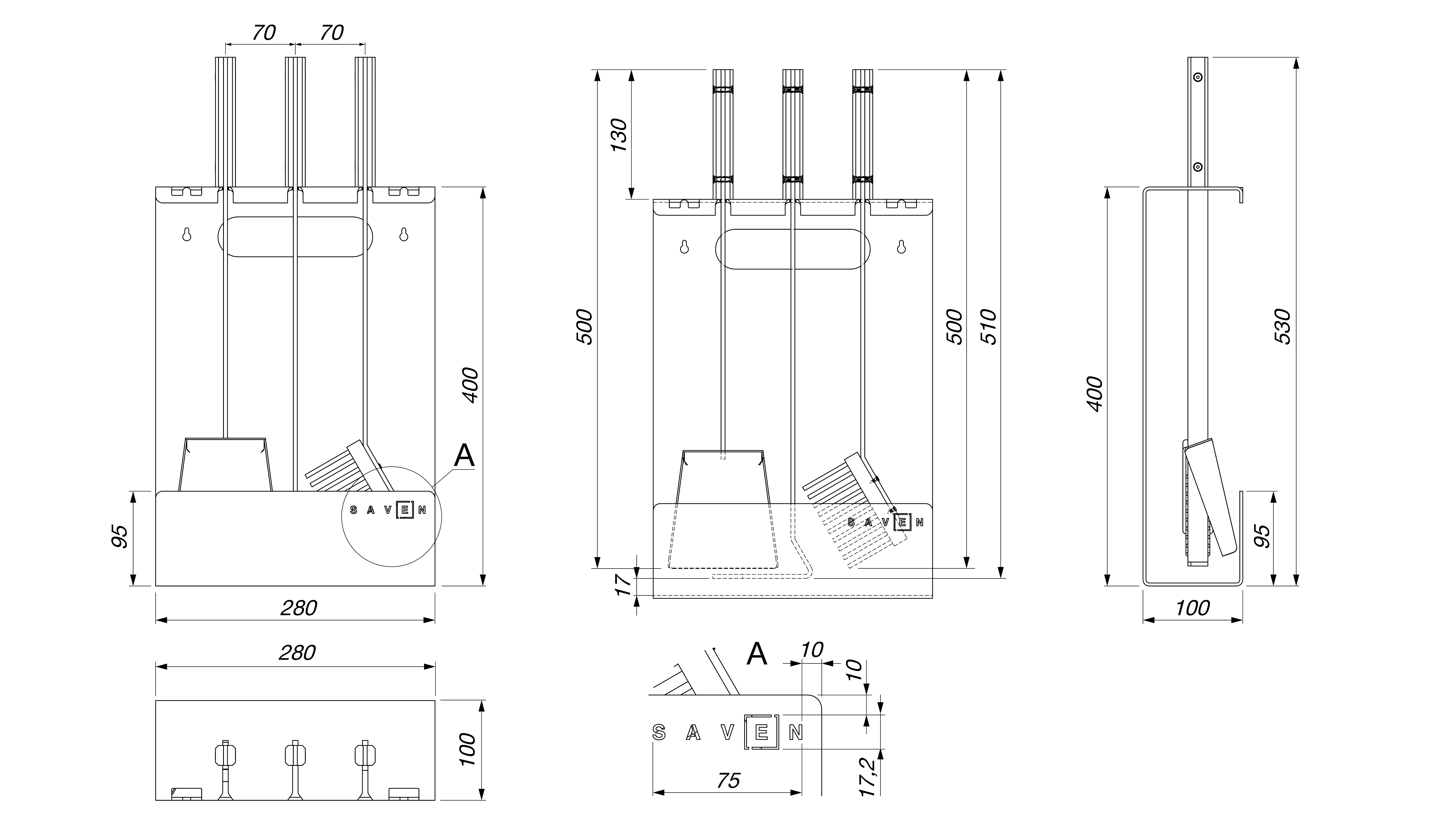 Zestaw kominkowy SAVEN Set 3 L black. Rysunek techniczny