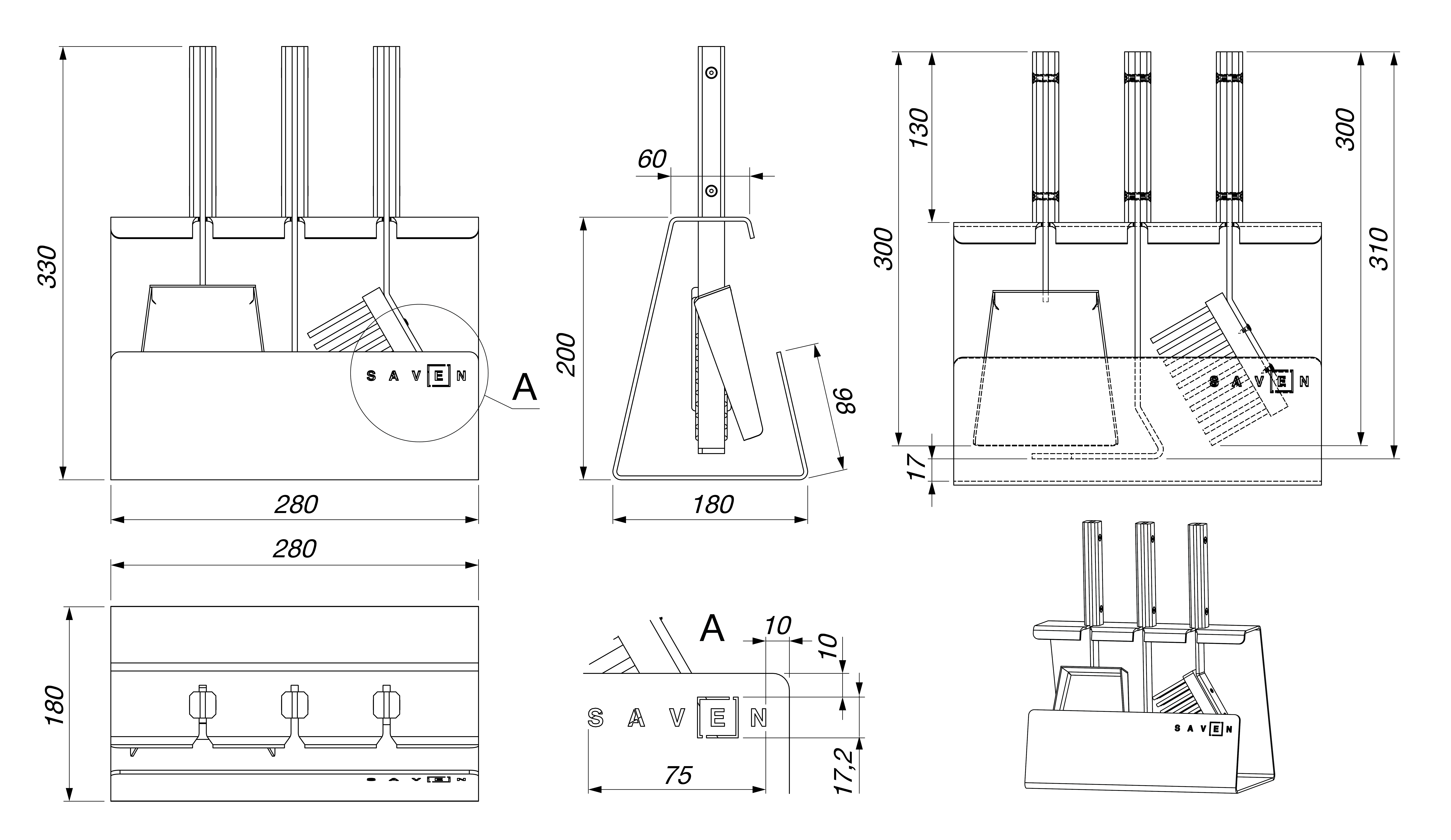 Zestaw kominkowy SAVEN Set 2 S black. Rysunek techniczny