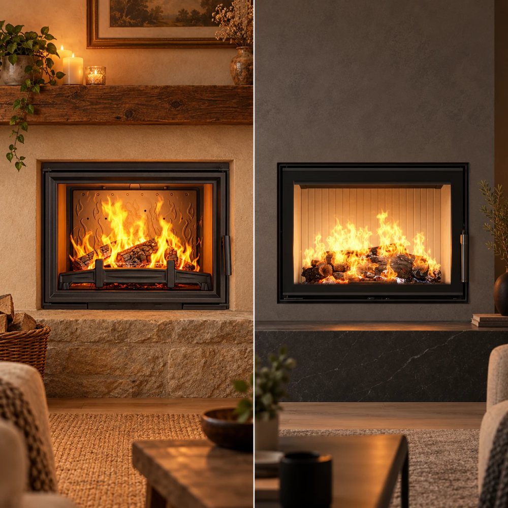 Cast iron vs steel fireplace insert: a cast iron insert with a dark frame and grate in a classic interior (left) and a steel insert with large glass and white chamotte lining in a modern interior (right)