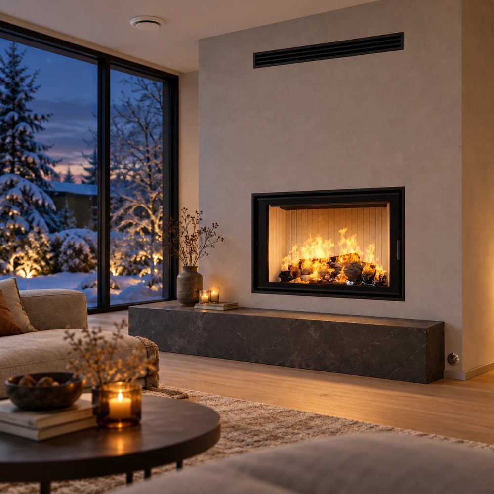 Fireplace in a house with heat recovery ventilation: insert with large glass in a surround, convection grille above it, MVHR supply valve in the ceiling and a snowy garden outside